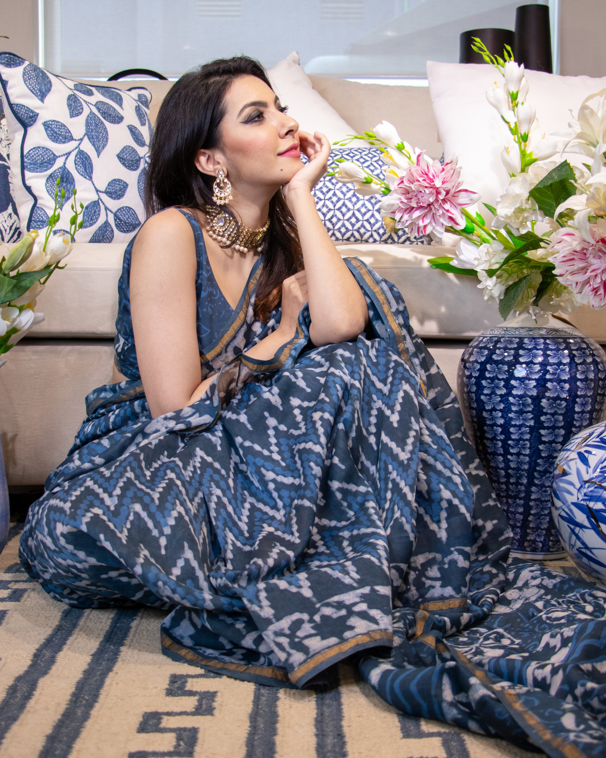 Nura Blue Handblock Chanderi Silk Saree My Store