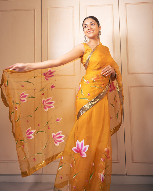 Surya Handpainted Gota Pure Organza Saree My Store