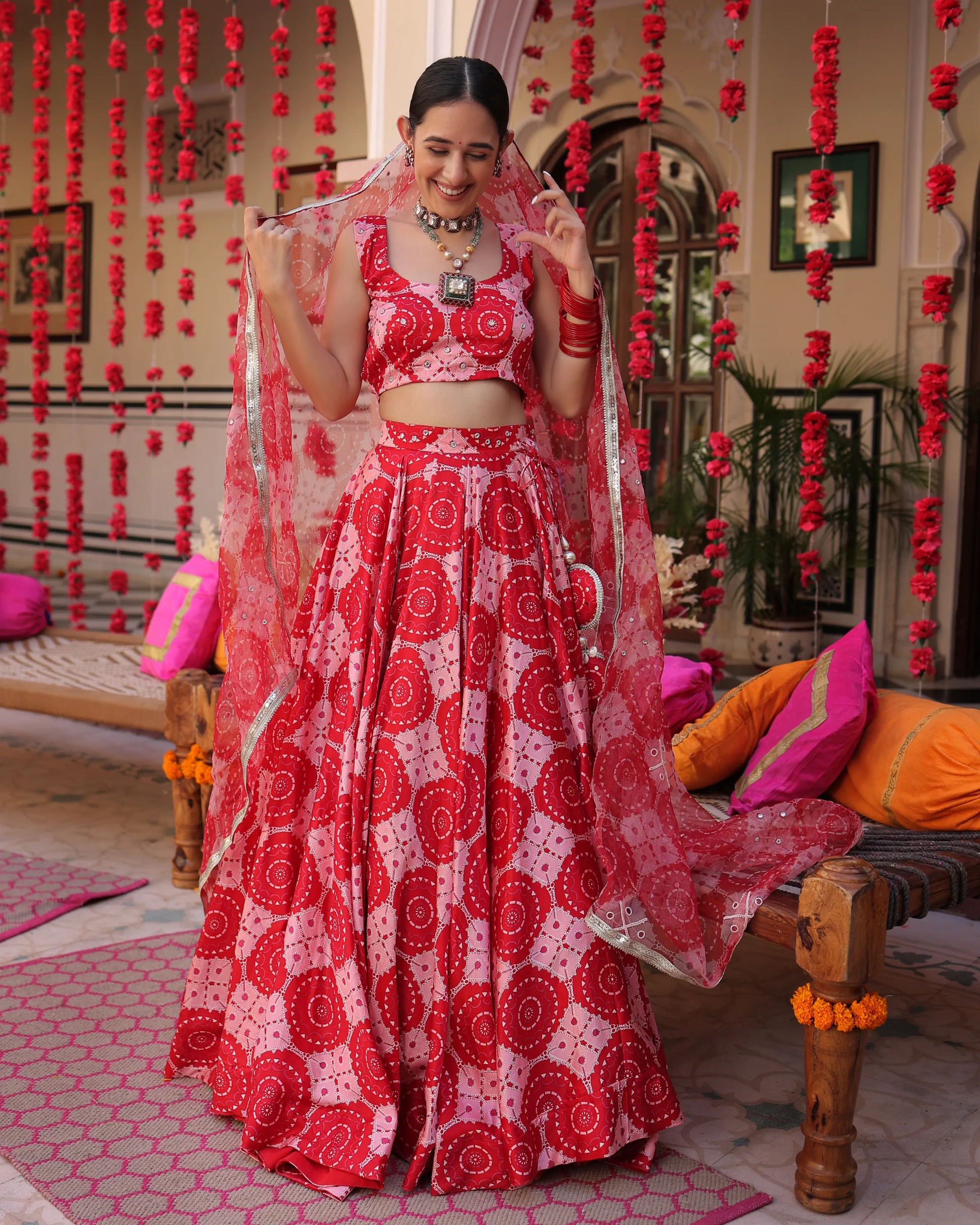 Ruby And Cream Rhapsody Printed Satin Lehenga Set My Store