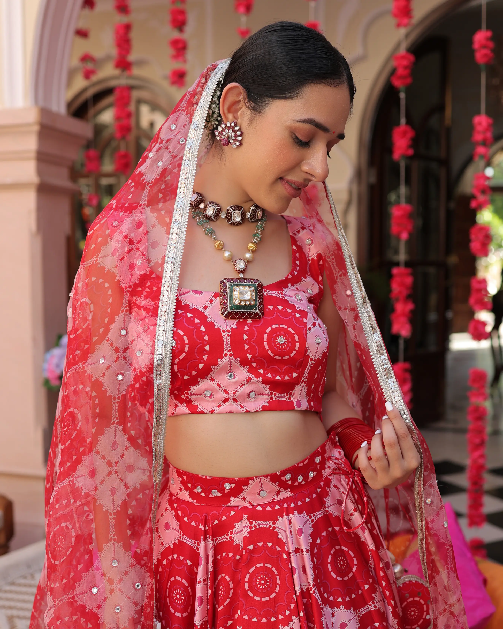 Ruby And Cream Rhapsody Printed Satin Lehenga Set My Store