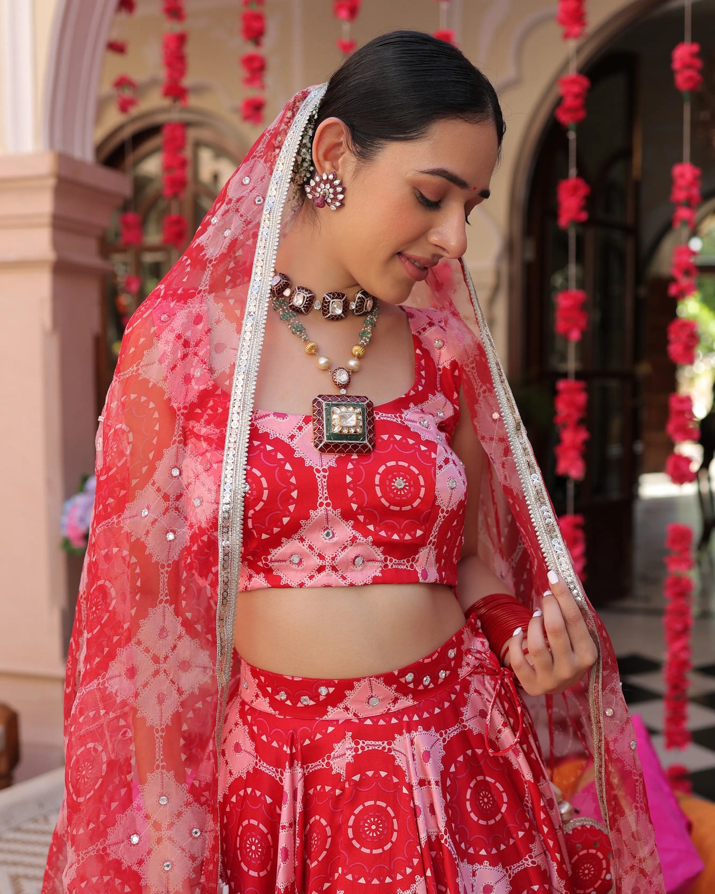 Ruby And Cream Rhapsody Printed Satin Lehenga Set My Store