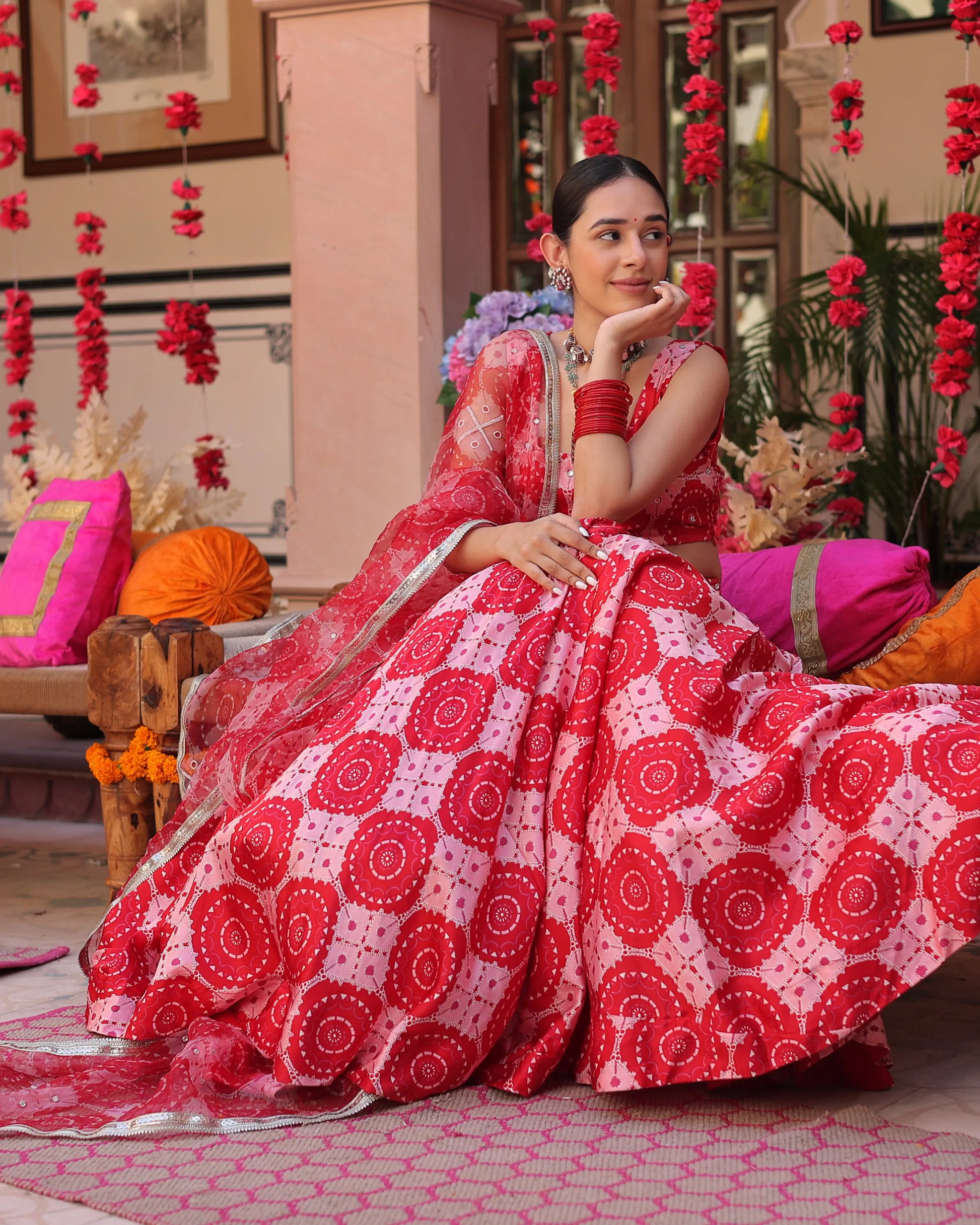 Ruby And Cream Rhapsody Printed Satin Lehenga Set My Store