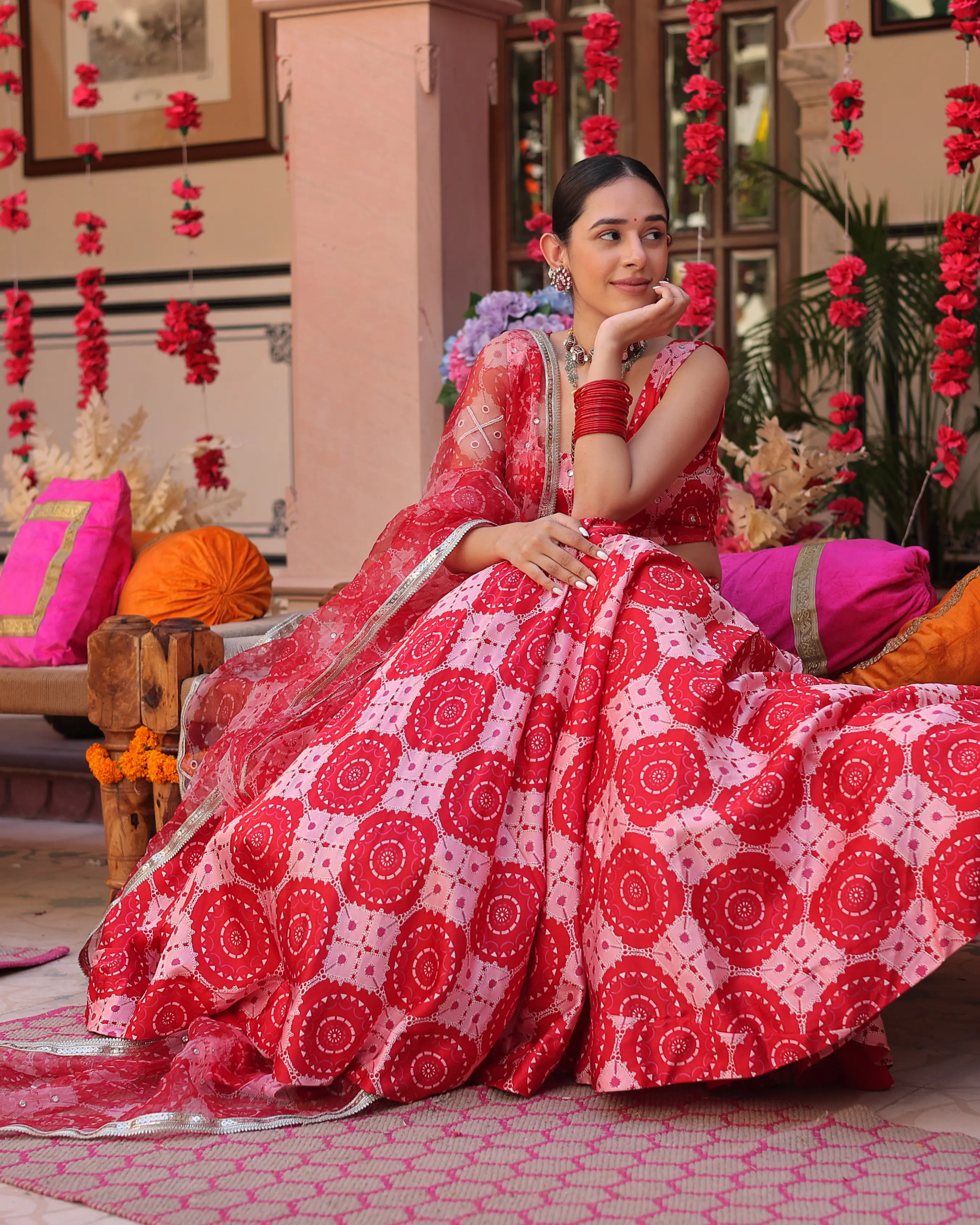 Ruby And Cream Rhapsody Printed Satin Lehenga Set My Store