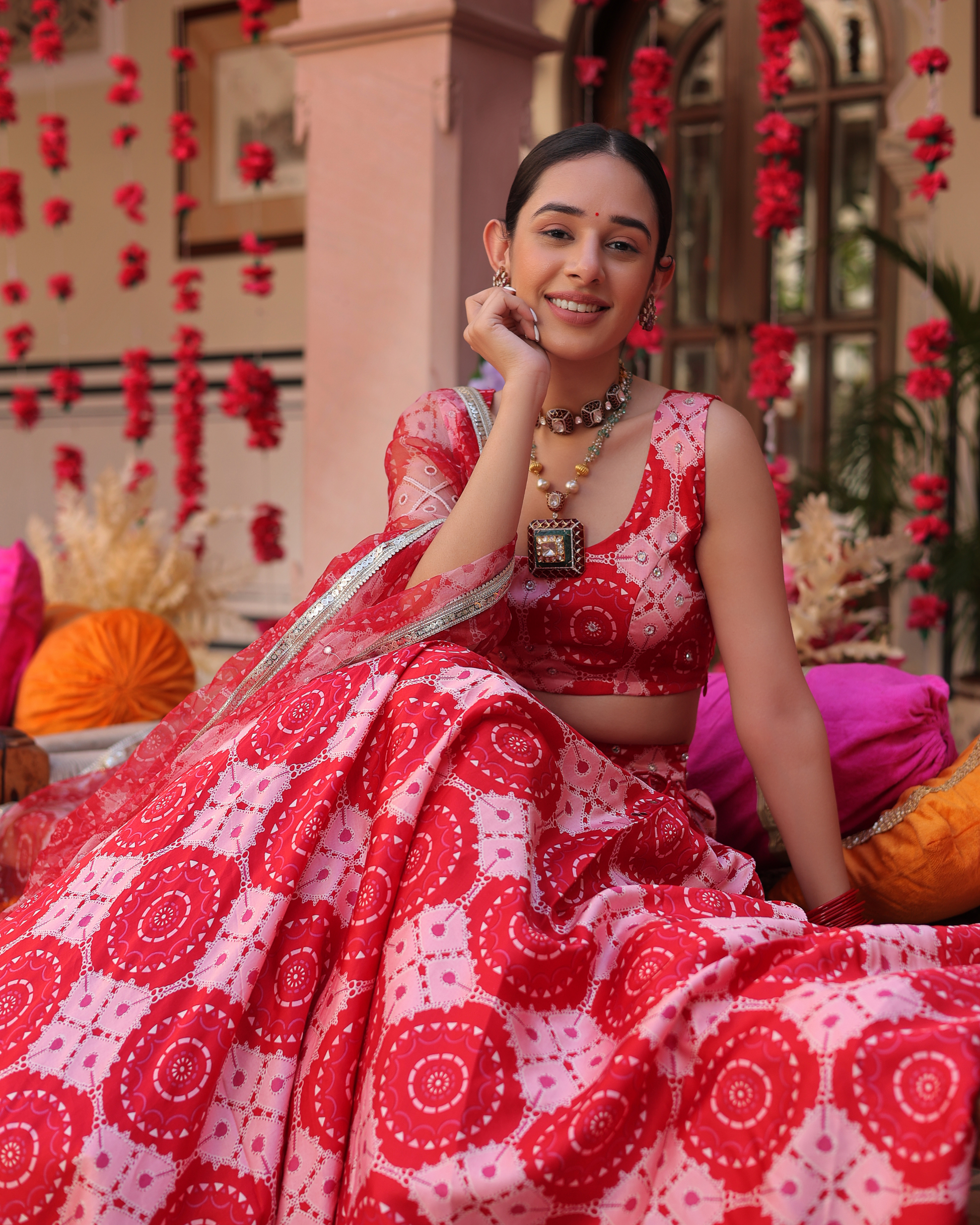 Ruby And Cream Rhapsody Printed Satin Lehenga Set Quick Cart