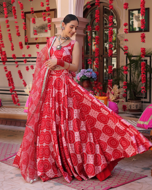 Ruby And Cream Rhapsody Printed Satin Lehenga Set My Store