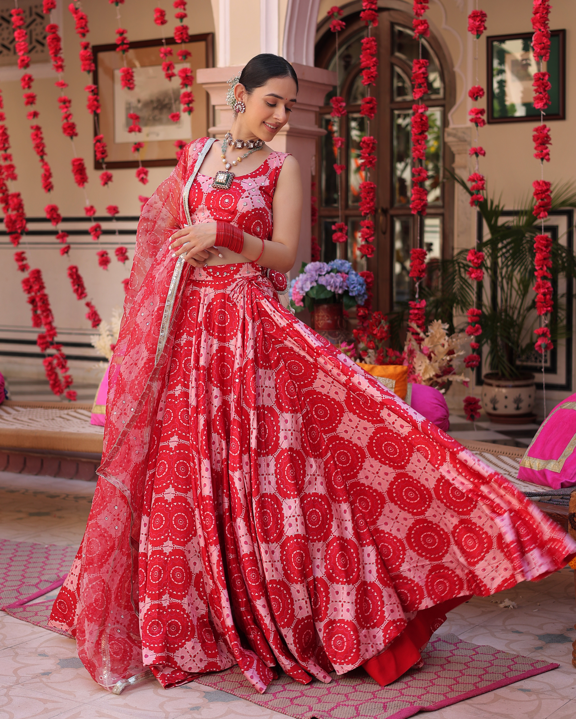 Ruby And Cream Rhapsody Printed Satin Lehenga Set Quick Cart