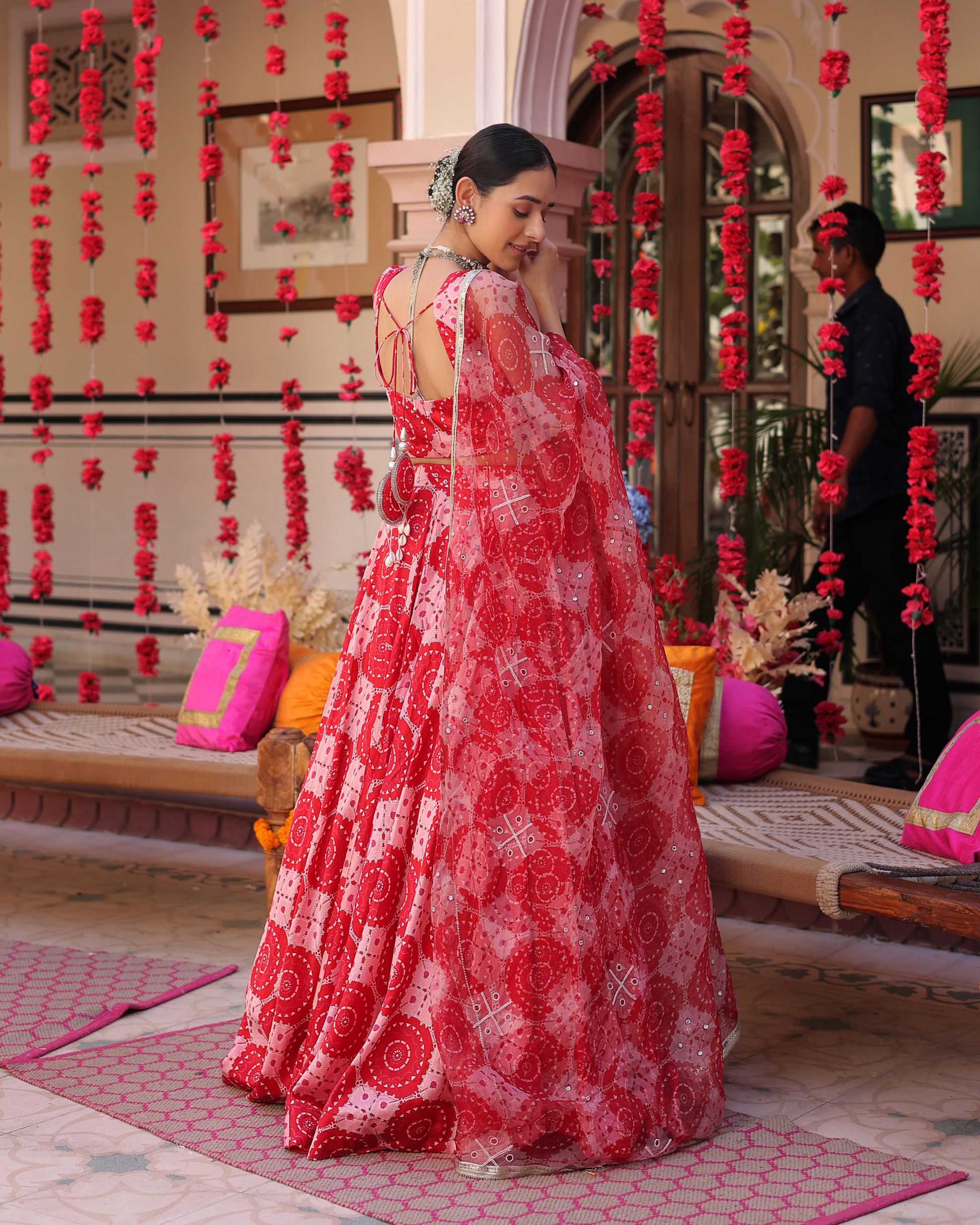 Ruby And Cream Rhapsody Printed Satin Lehenga Set Quick Cart