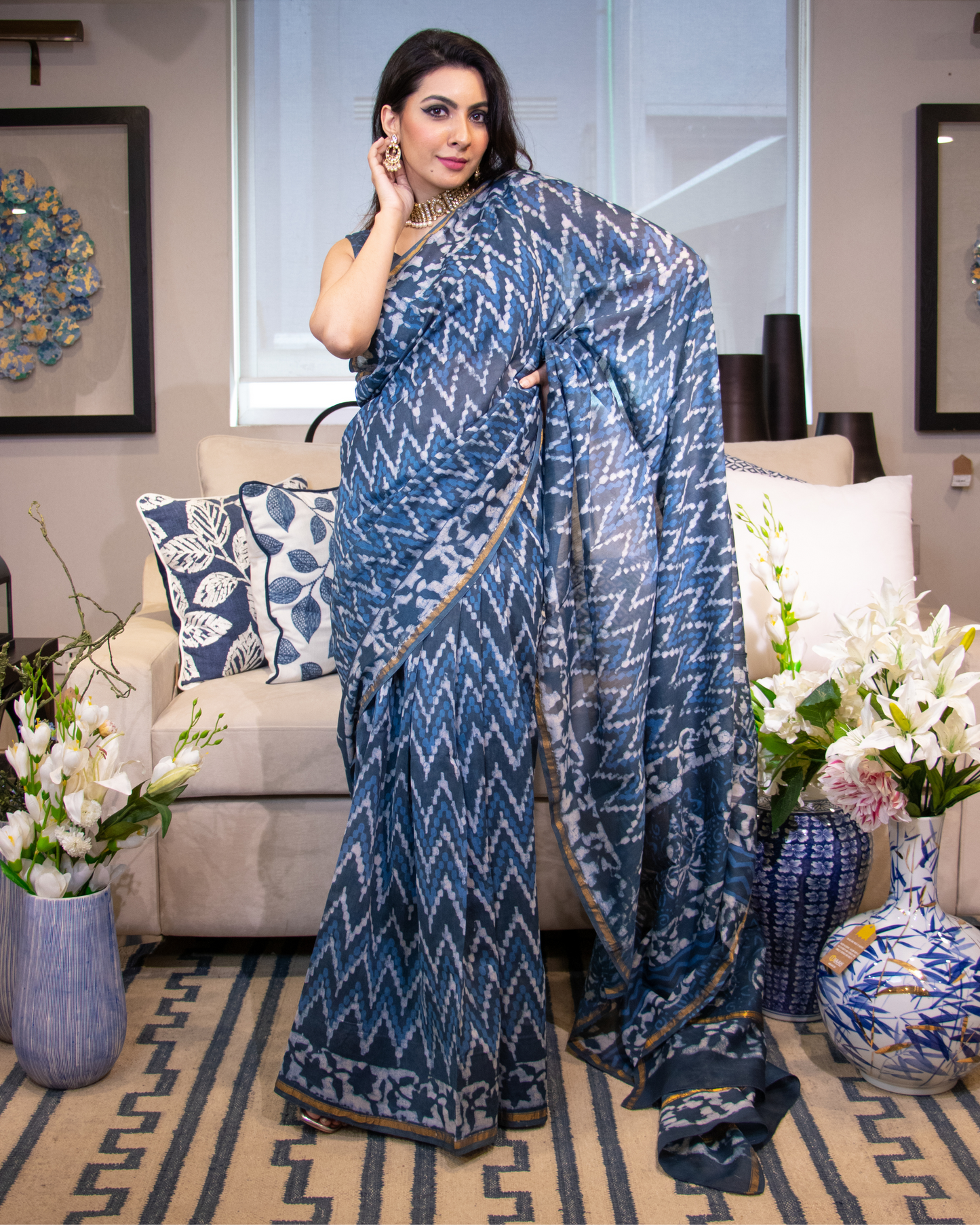 Nura Blue Handblock Chanderi Silk Saree Quick Cart