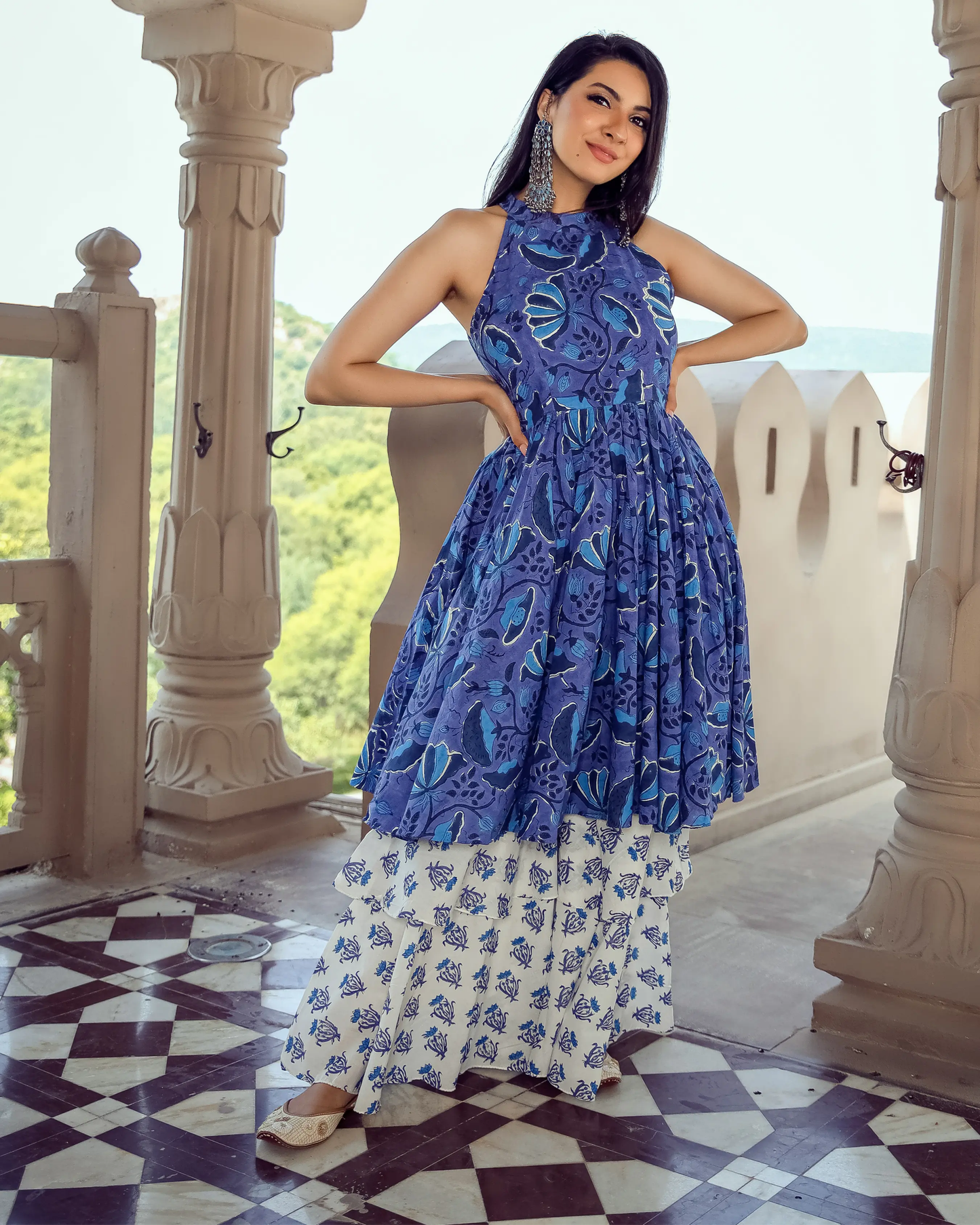 Oxford Blue Handblock Kurta Set My Store