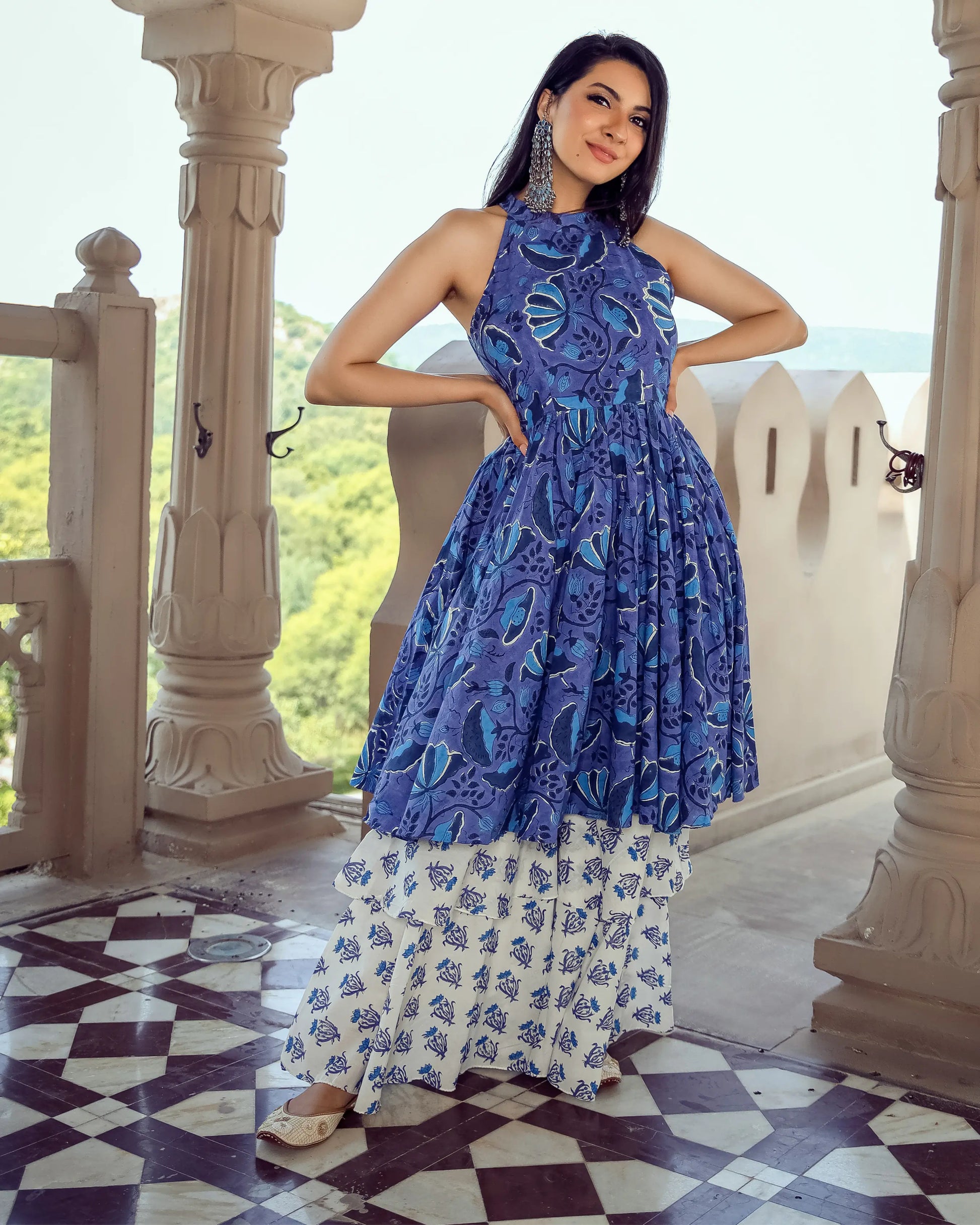 Oxford Blue Handblock Kurta Set My Store