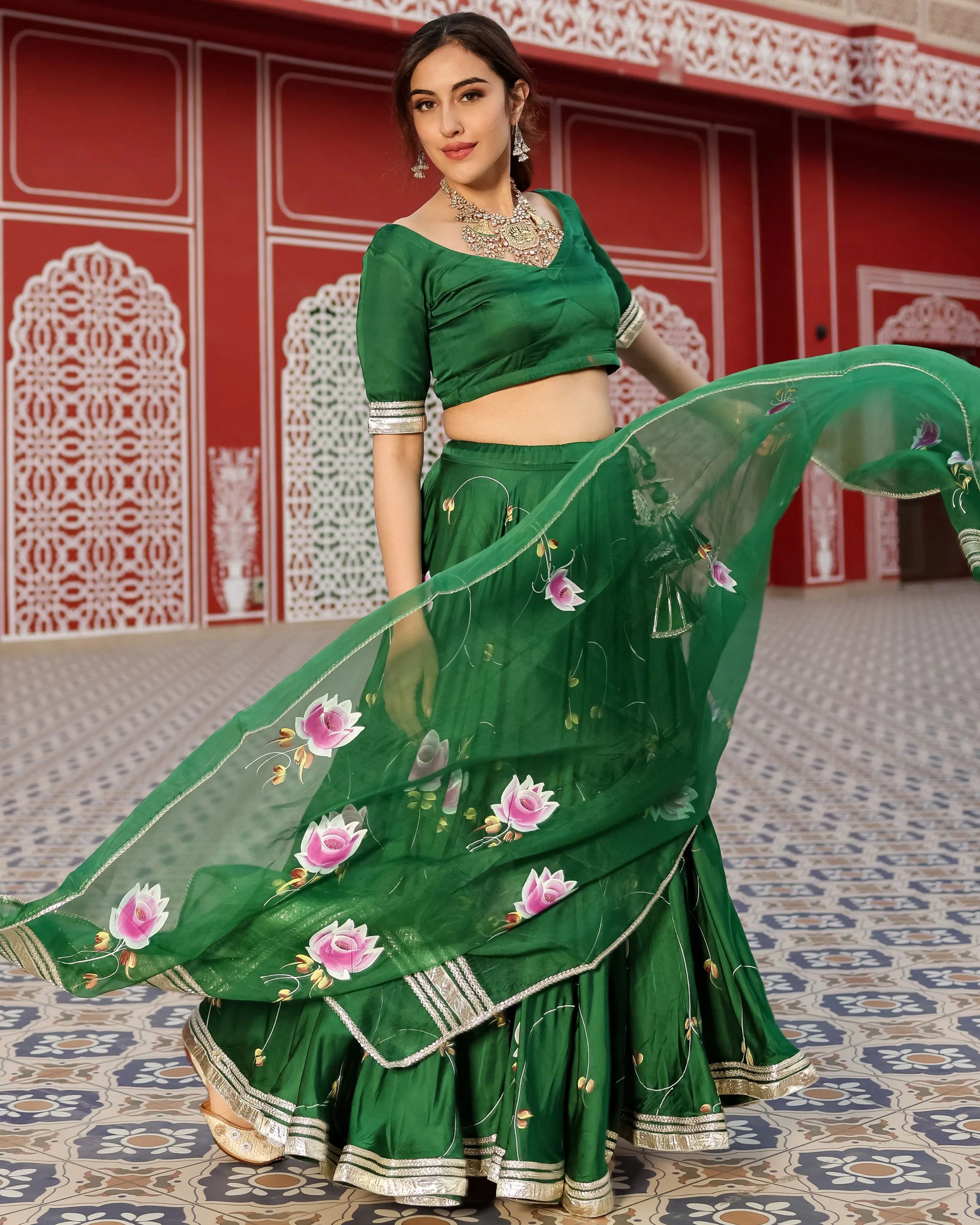 Formal Green Handpainted Lehenga Set My Store