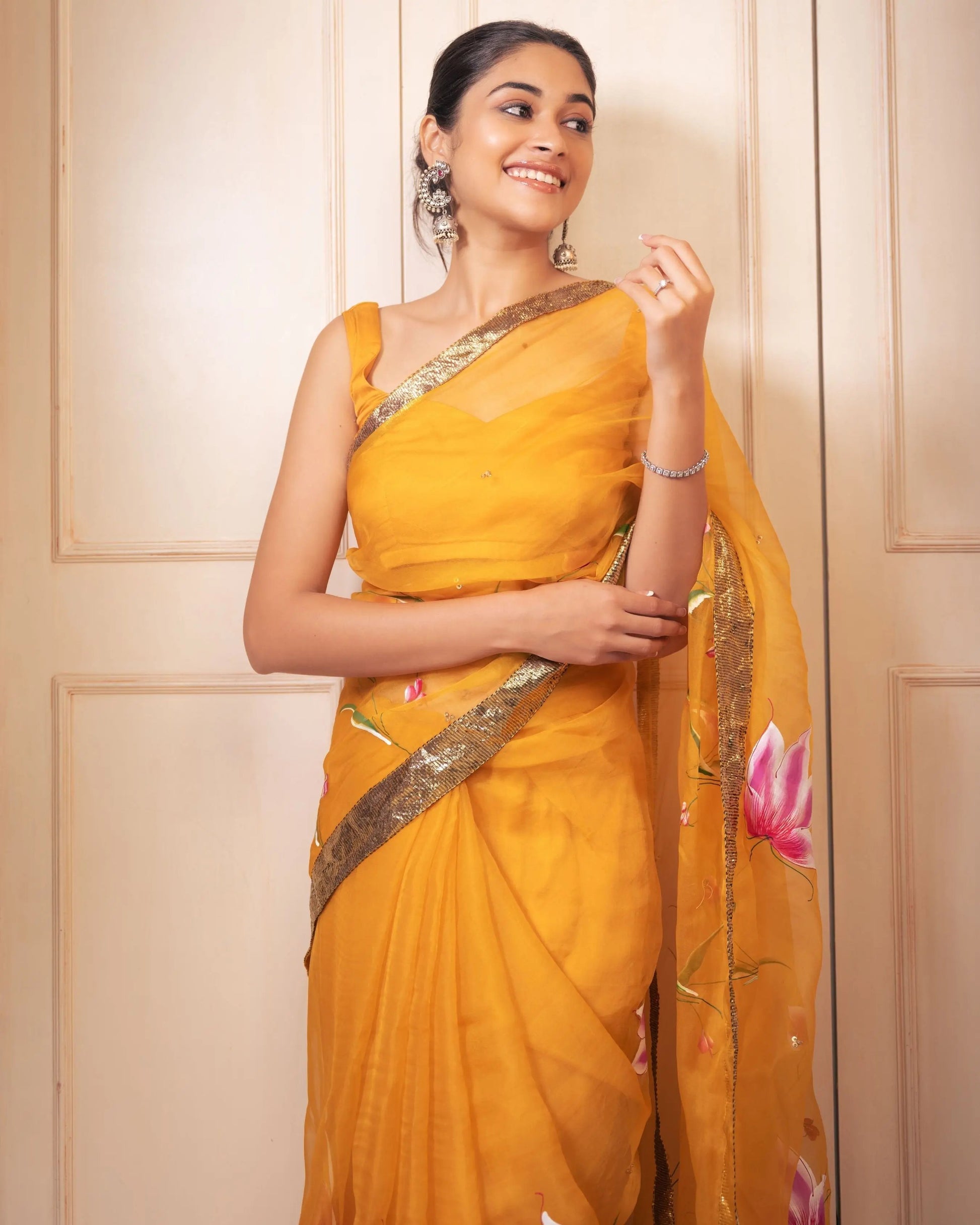Surya Handpainted Gota Pure Organza Saree My Store