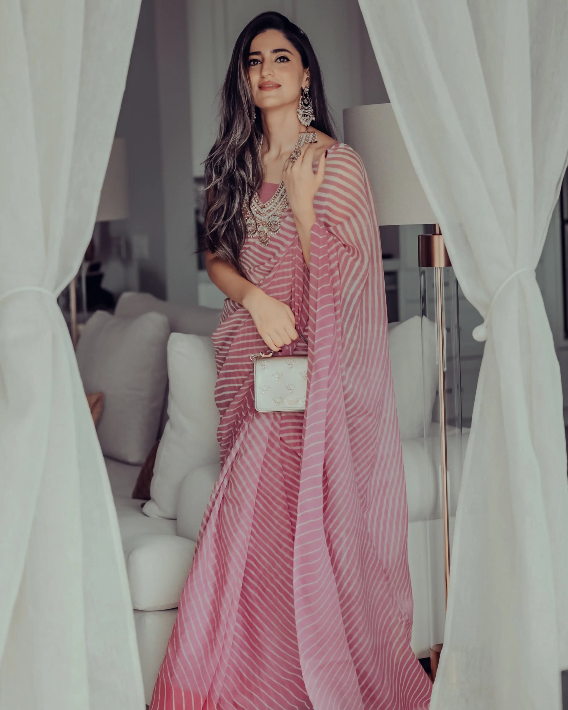 Sophia Dusty Pink Leheriya Pure Chiffon Saree My Store