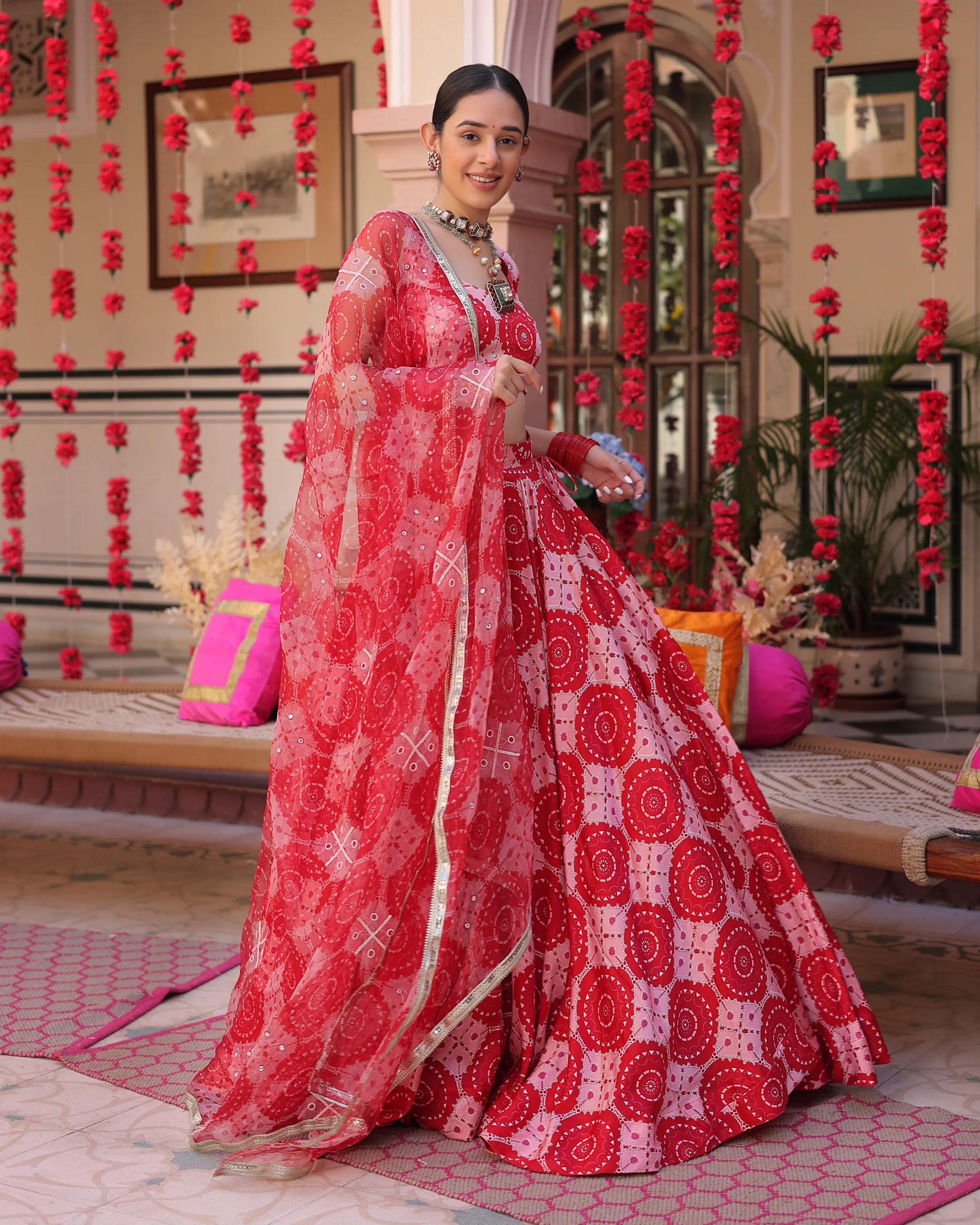 Ruby And Cream Rhapsody Printed Satin Lehenga Set My Store