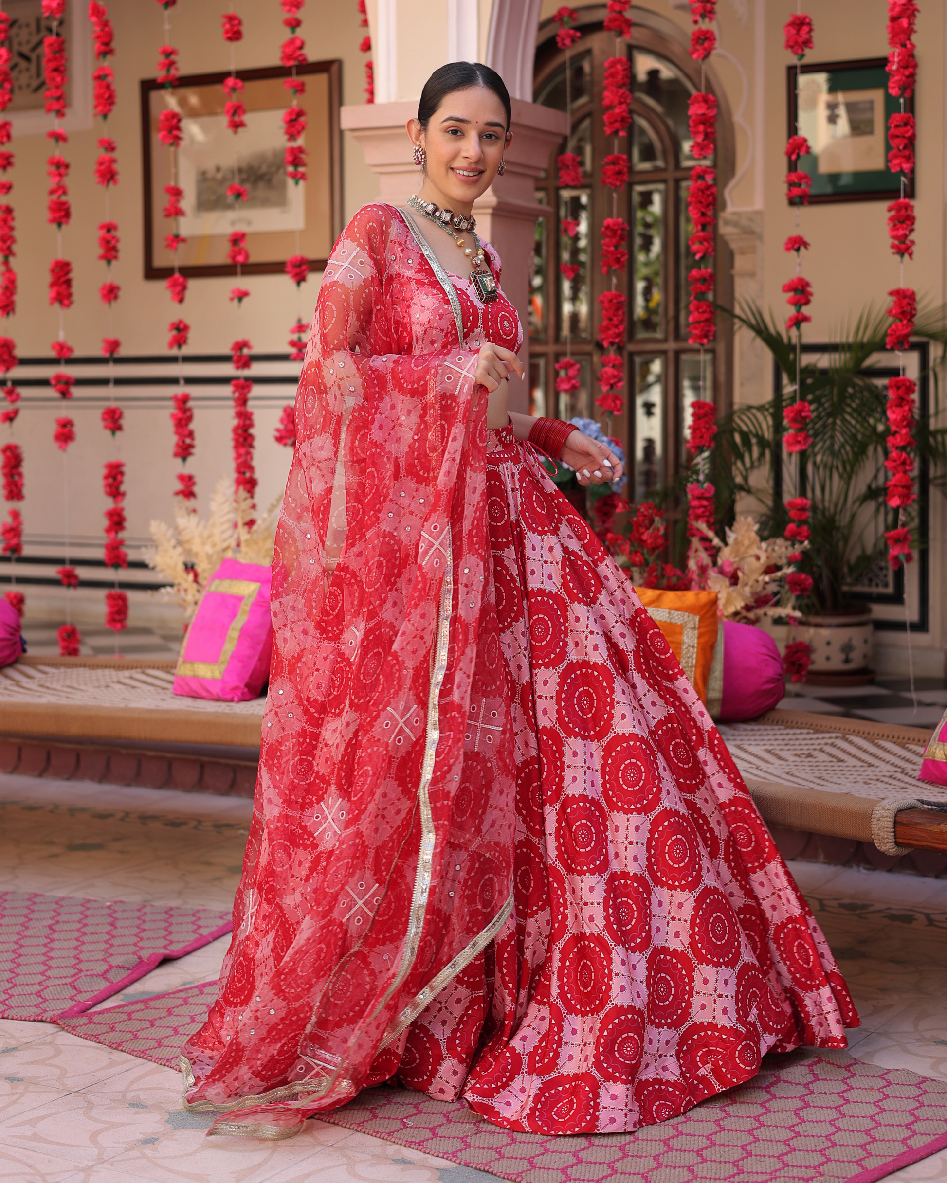 Ruby And Cream Rhapsody Printed Satin Lehenga Set Quick Cart