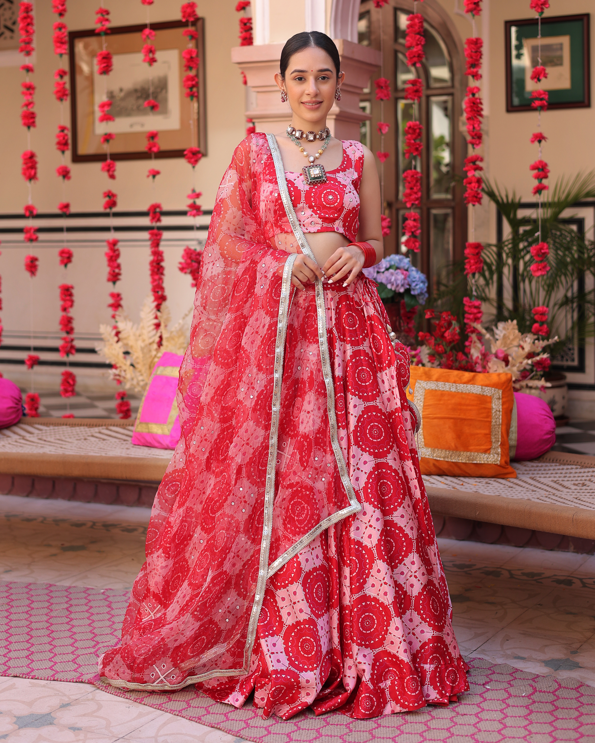 Ruby And Cream Rhapsody Printed Satin Lehenga Set Quick Cart