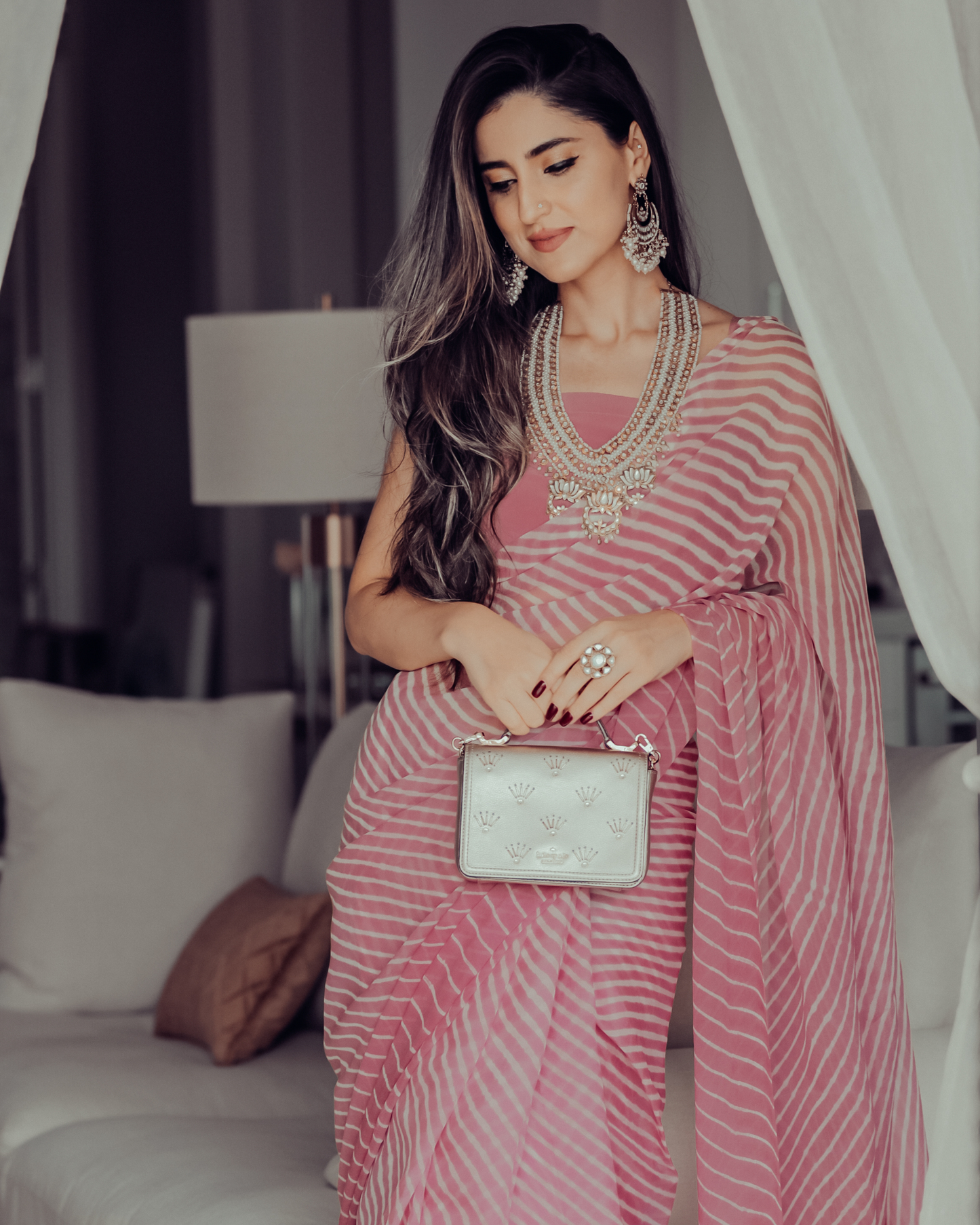 Sophia Dusty Pink Leheriya Pure Chiffon Saree Quick Cart