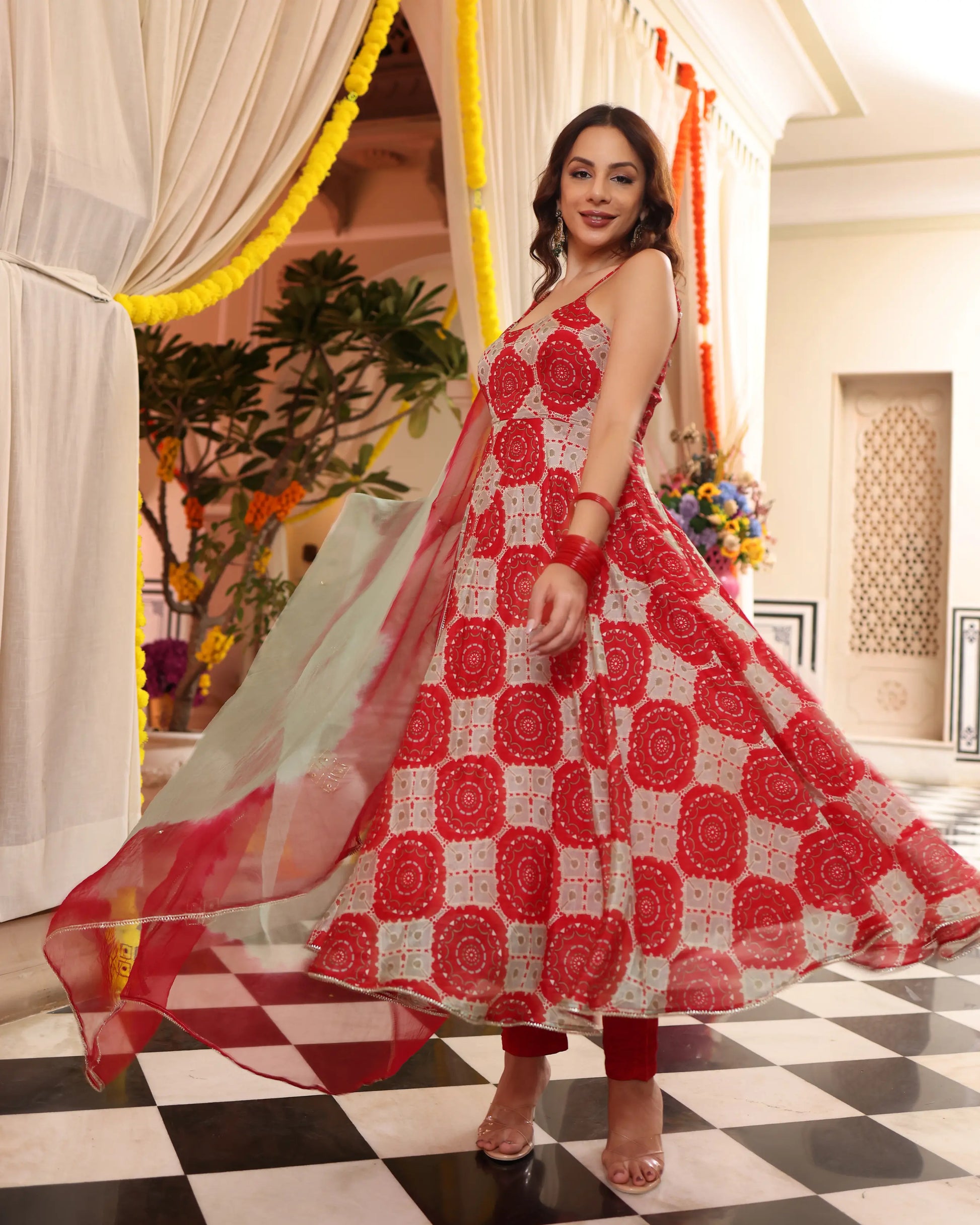 Cherry Red Delight Printed Silk Suit Set My Store