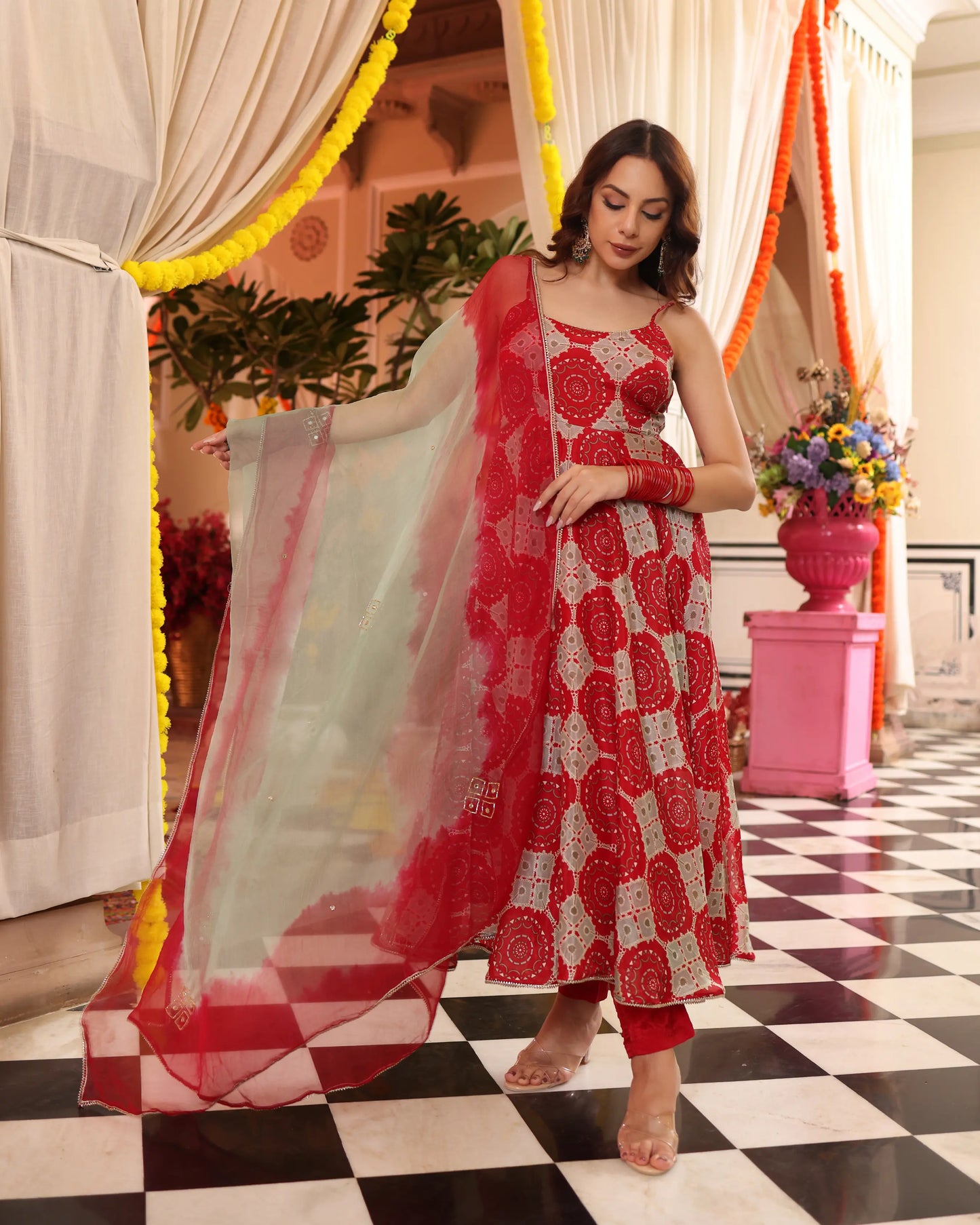 Cherry Red Delight Printed Silk Suit Set My Store