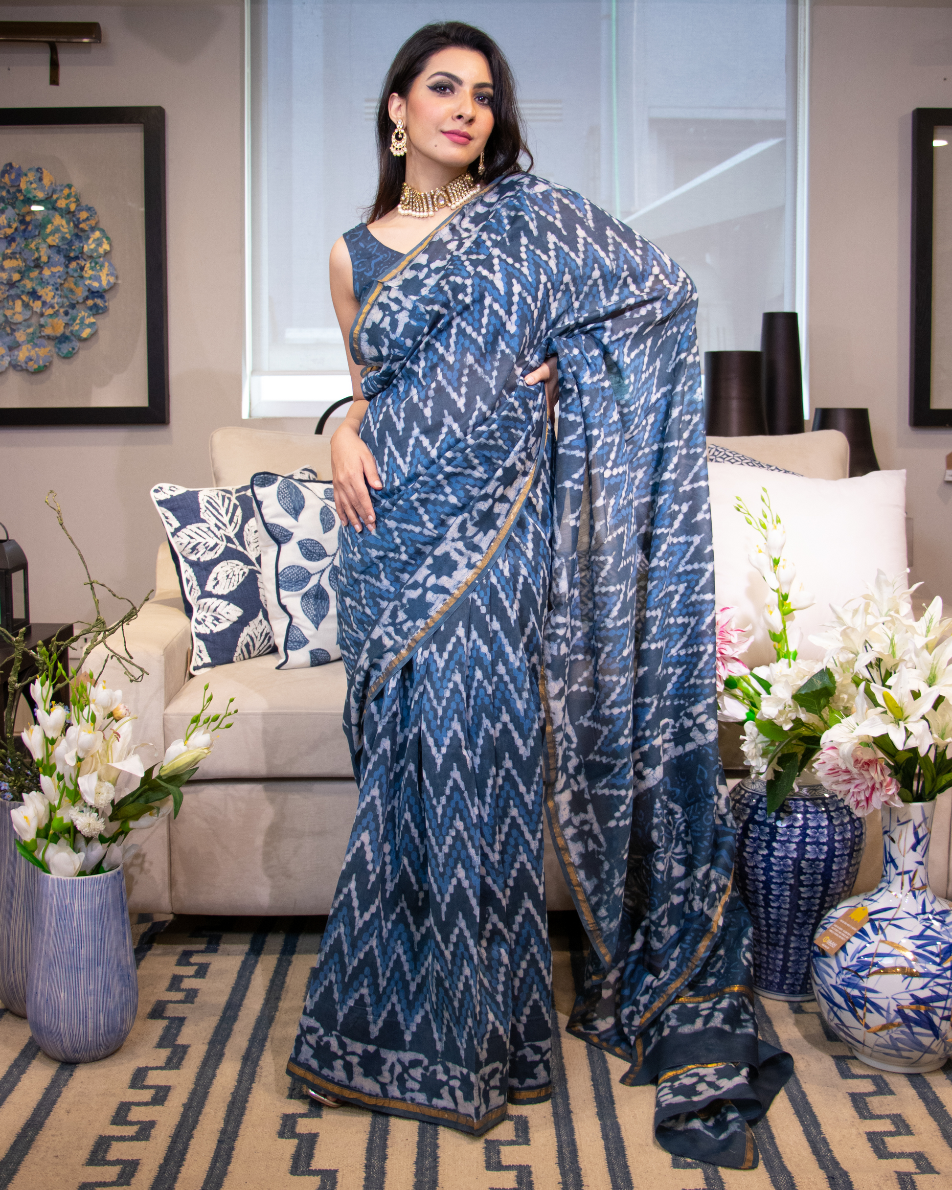 Nura Blue Handblock Chanderi Silk Saree Quick Cart