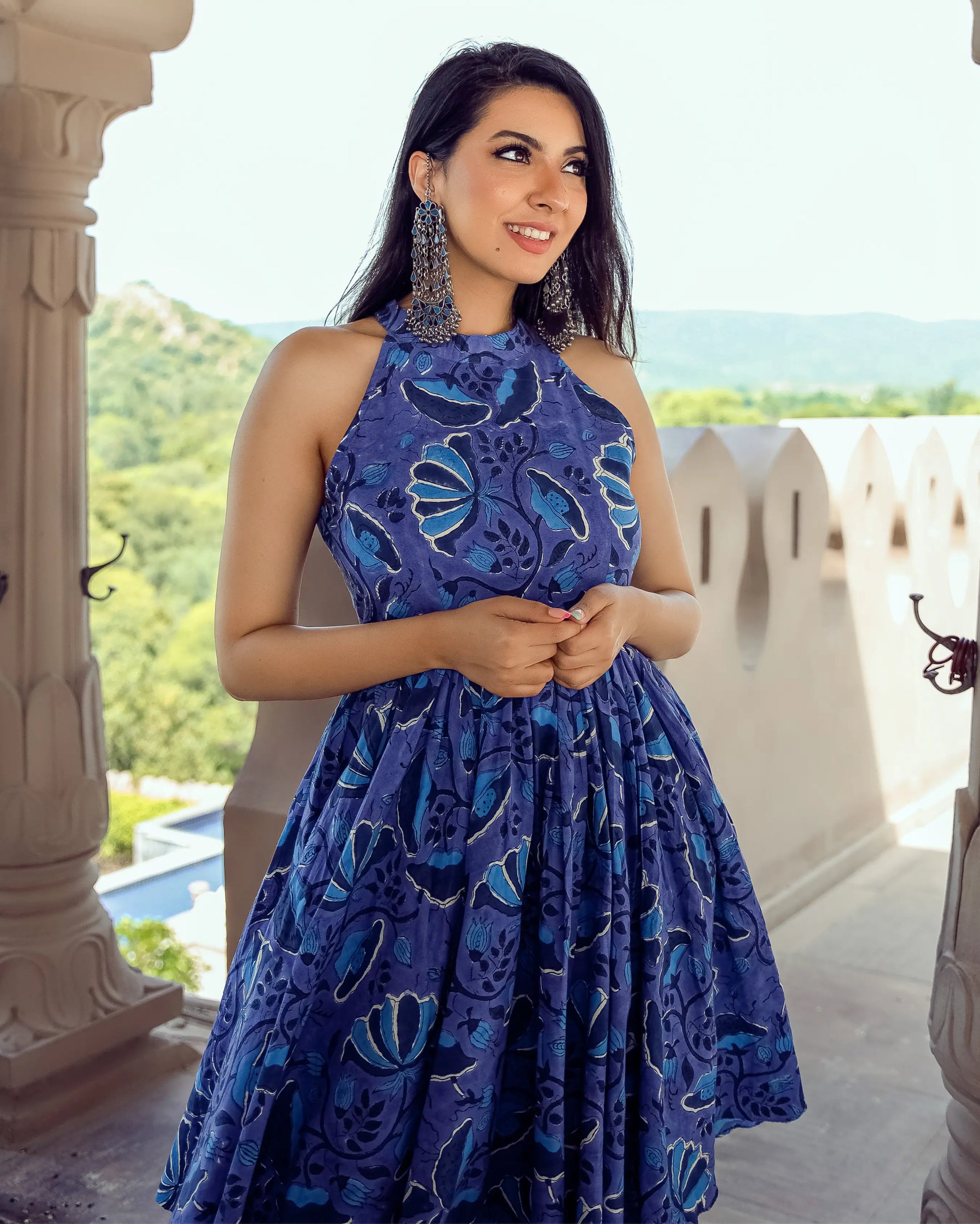 Oxford Blue Handblock Kurta Set My Store