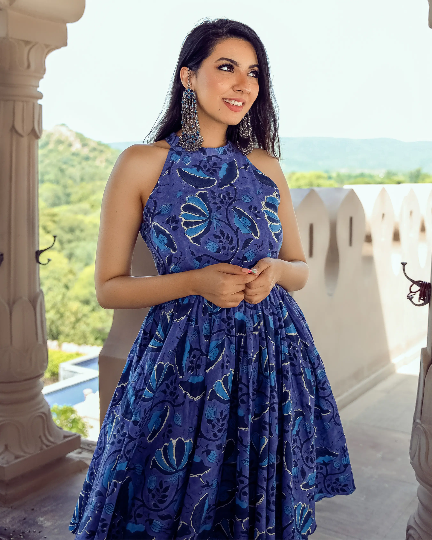 Oxford Blue Handblock Kurta Set My Store