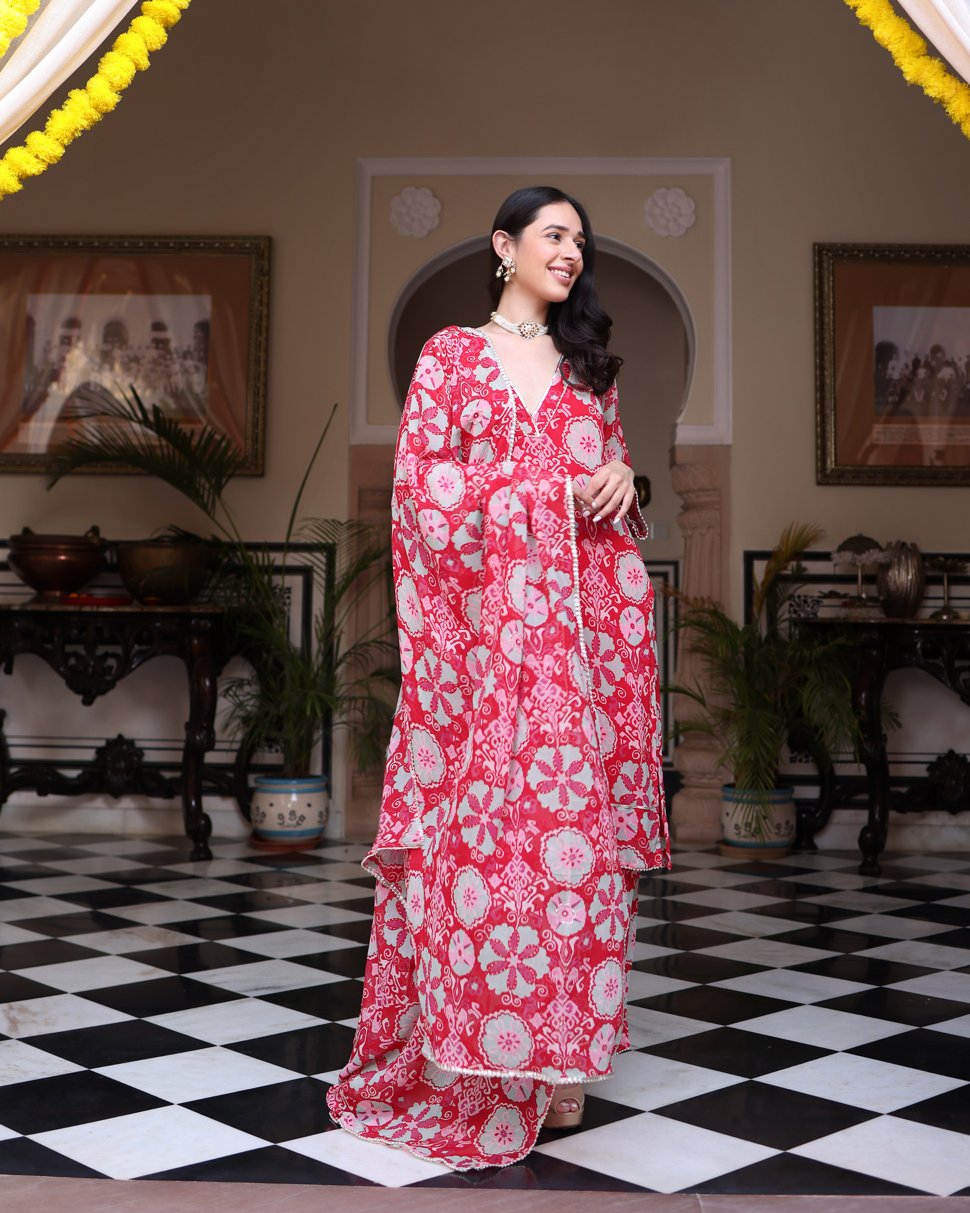Rose Pink Melody Printed Georgette Suit Set Quick Cart