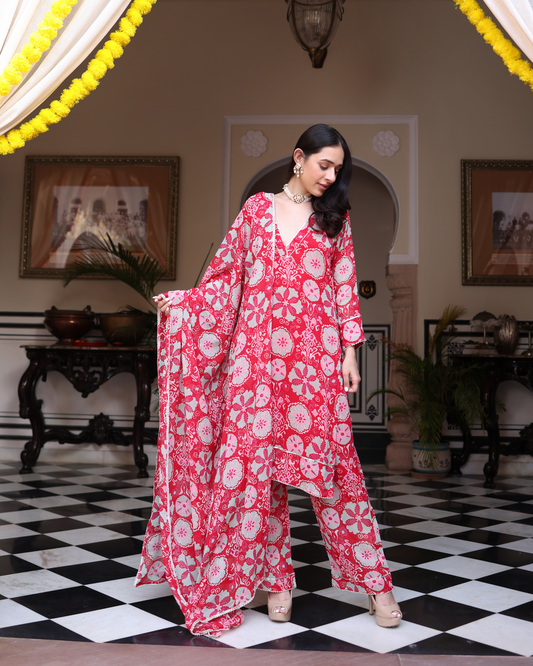 Rose Pink Melody Printed Georgette Suit Set Quick Cart