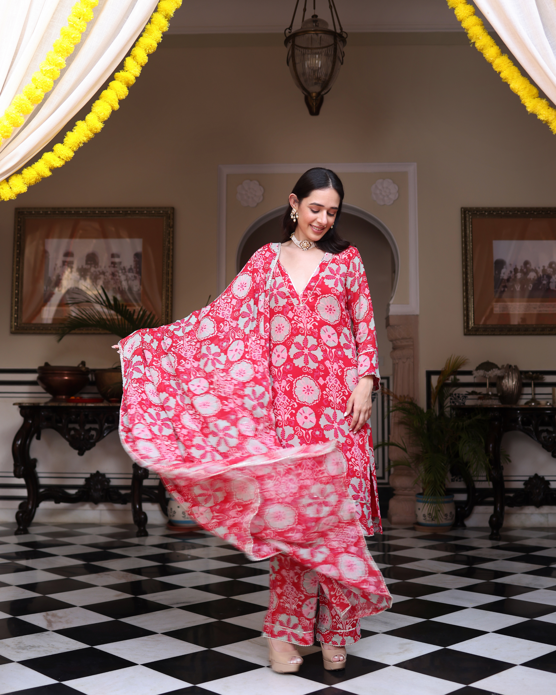 Rose Pink Melody Printed Georgette Suit Set Quick Cart
