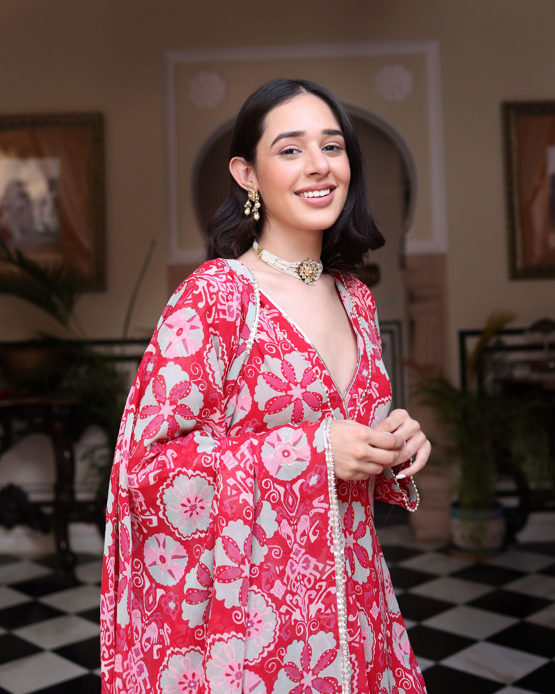 Rose Pink Melody Printed Georgette Suit Set Quick Cart