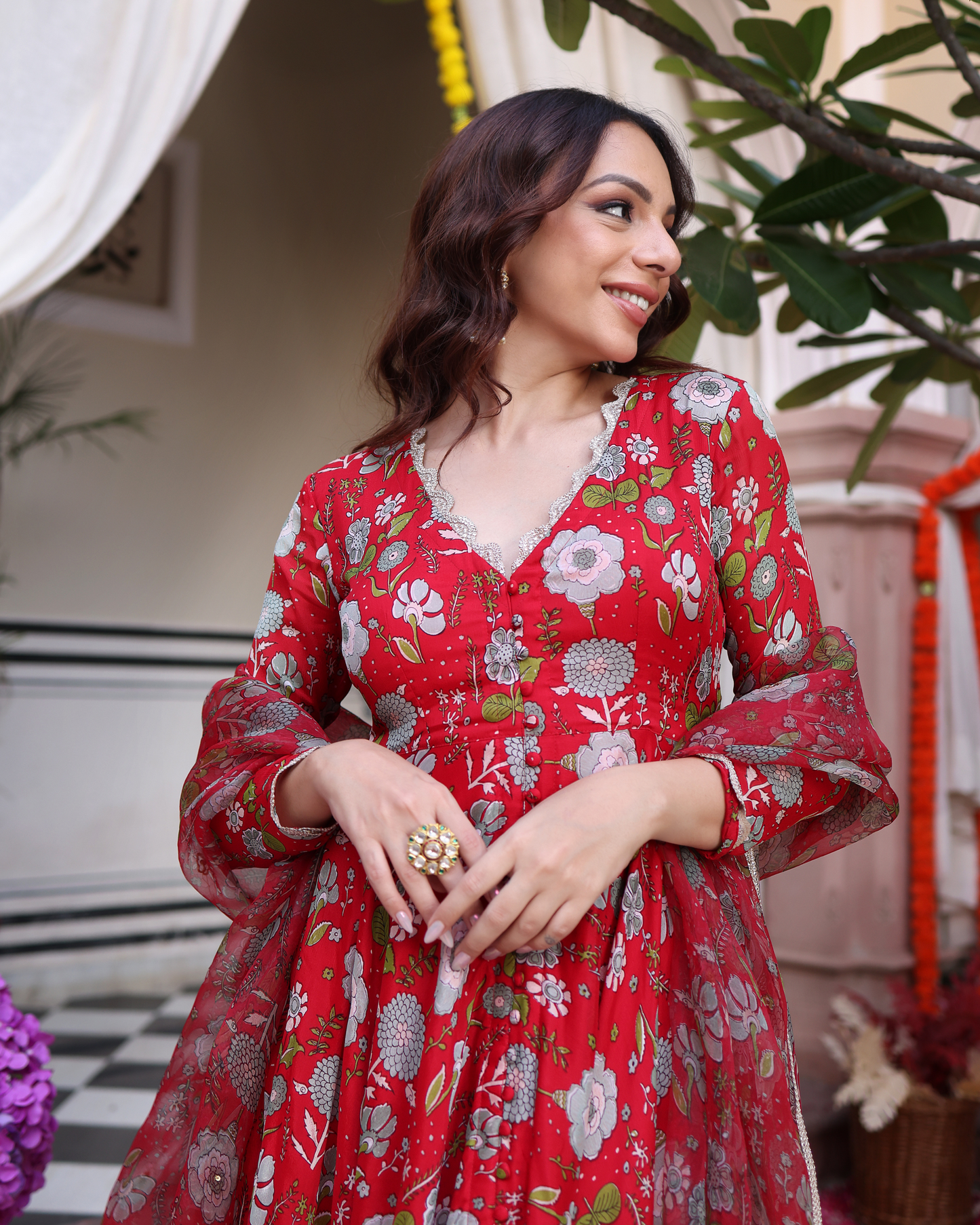 Red Dahlia Dreamscape Printed Chinon Suit Set Quick Cart