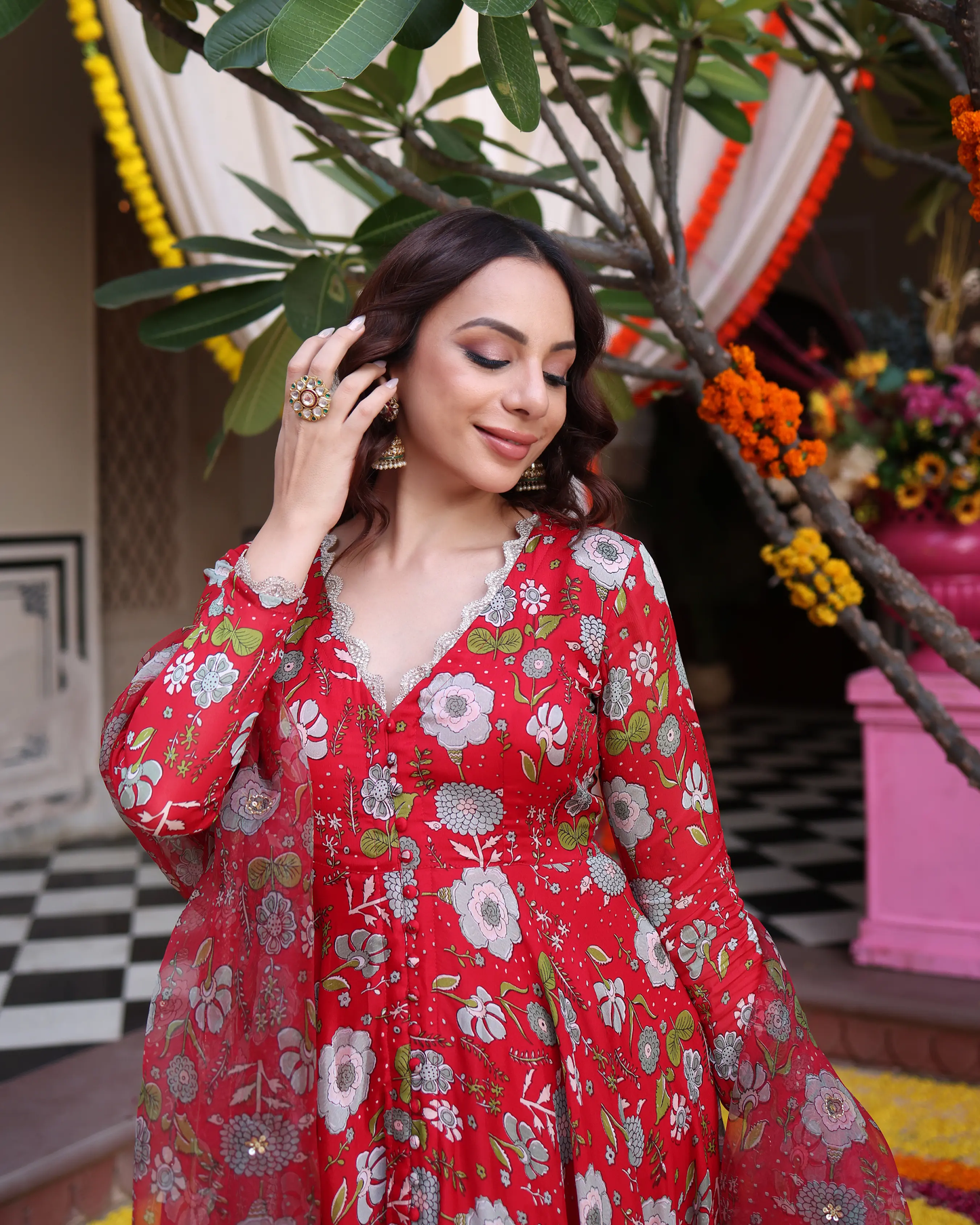 Red Dahlia Dreamscape Printed Chinon Suit Set My Store