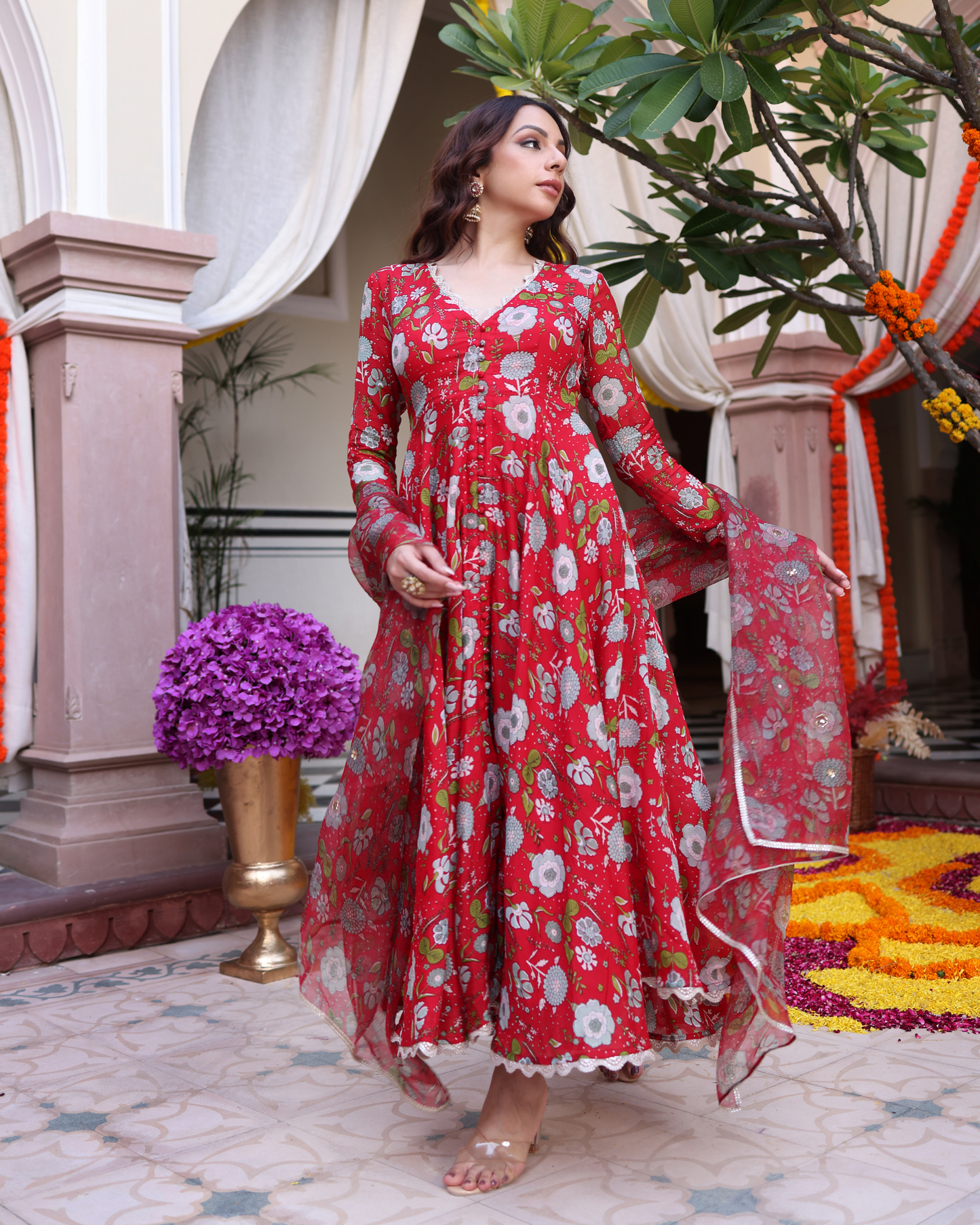 Red Dahlia Dreamscape Printed Chinon Suit Set Quick Cart