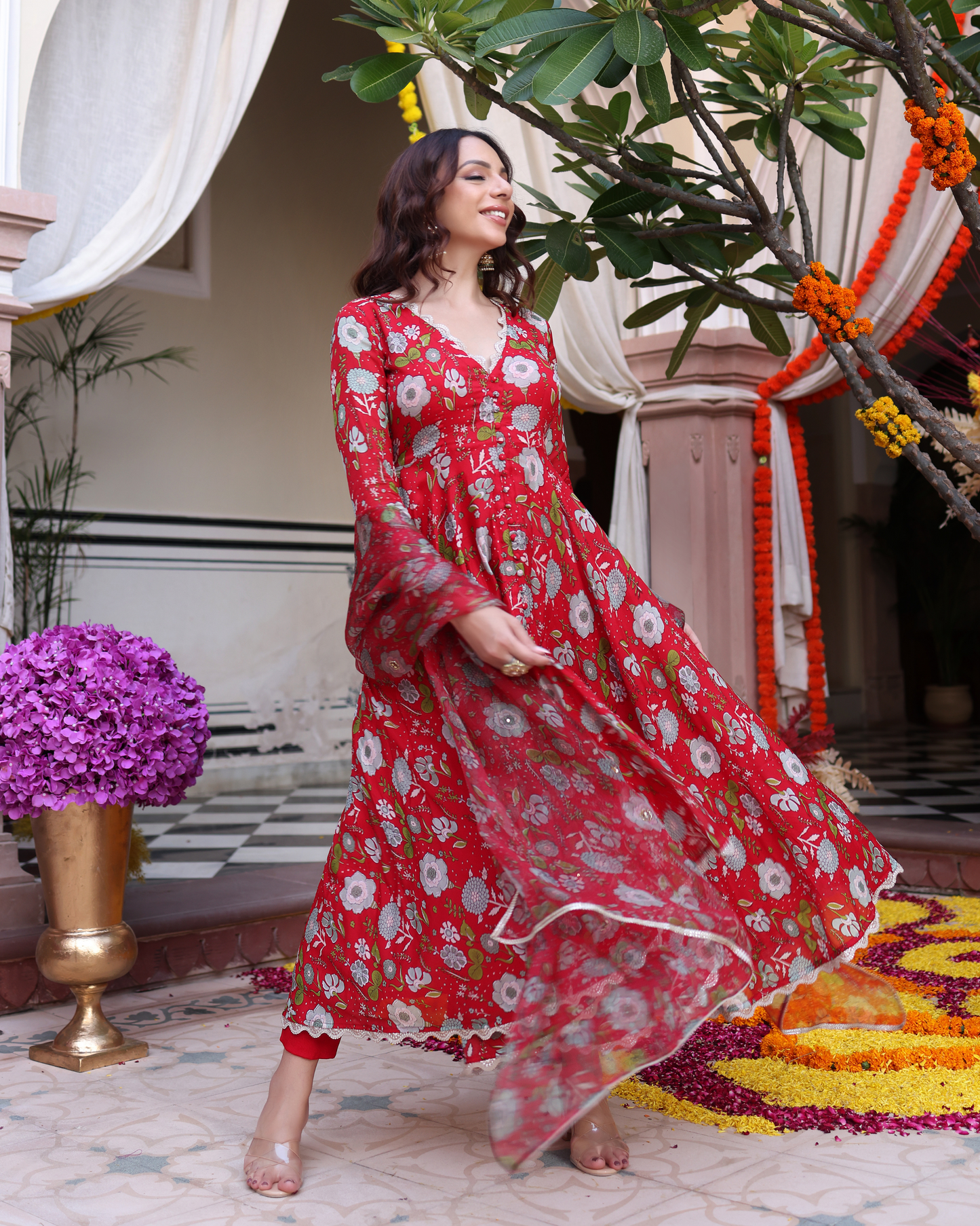 Red Dahlia Dreamscape Printed Chinon Suit Set Quick Cart