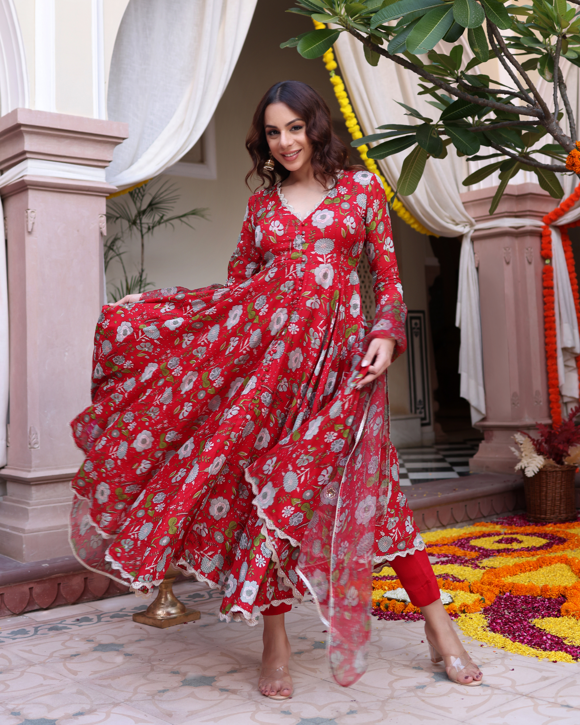 Red Dahlia Dreamscape Printed Chinon Suit Set Quick Cart