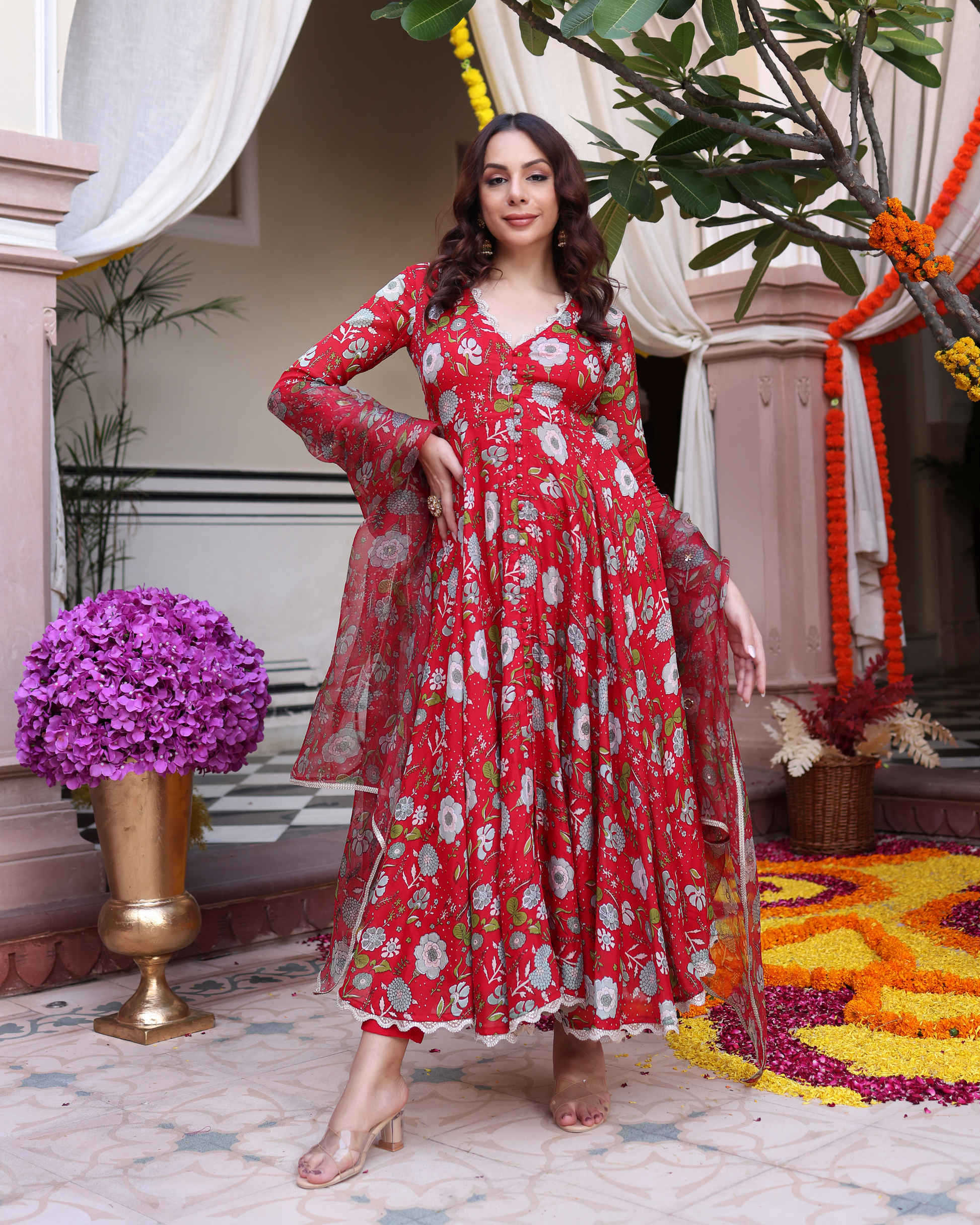 Red Dahlia Dreamscape Printed Chinon Suit Set Quick Cart