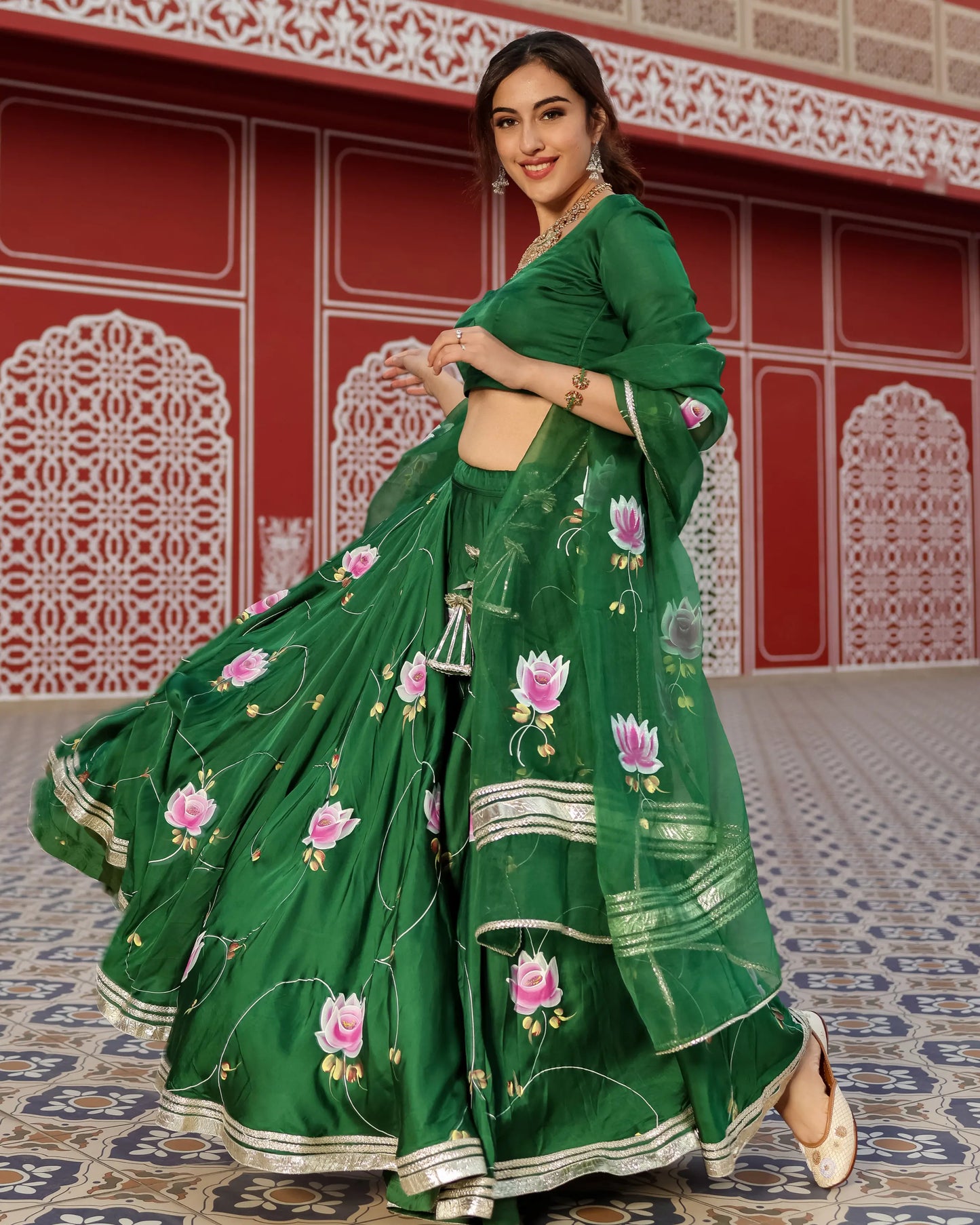 Formal Green Handpainted Lehenga Set My Store