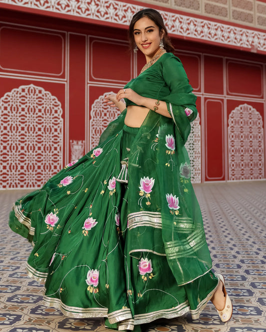 Formal Green Handpainted Lehenga Set My Store