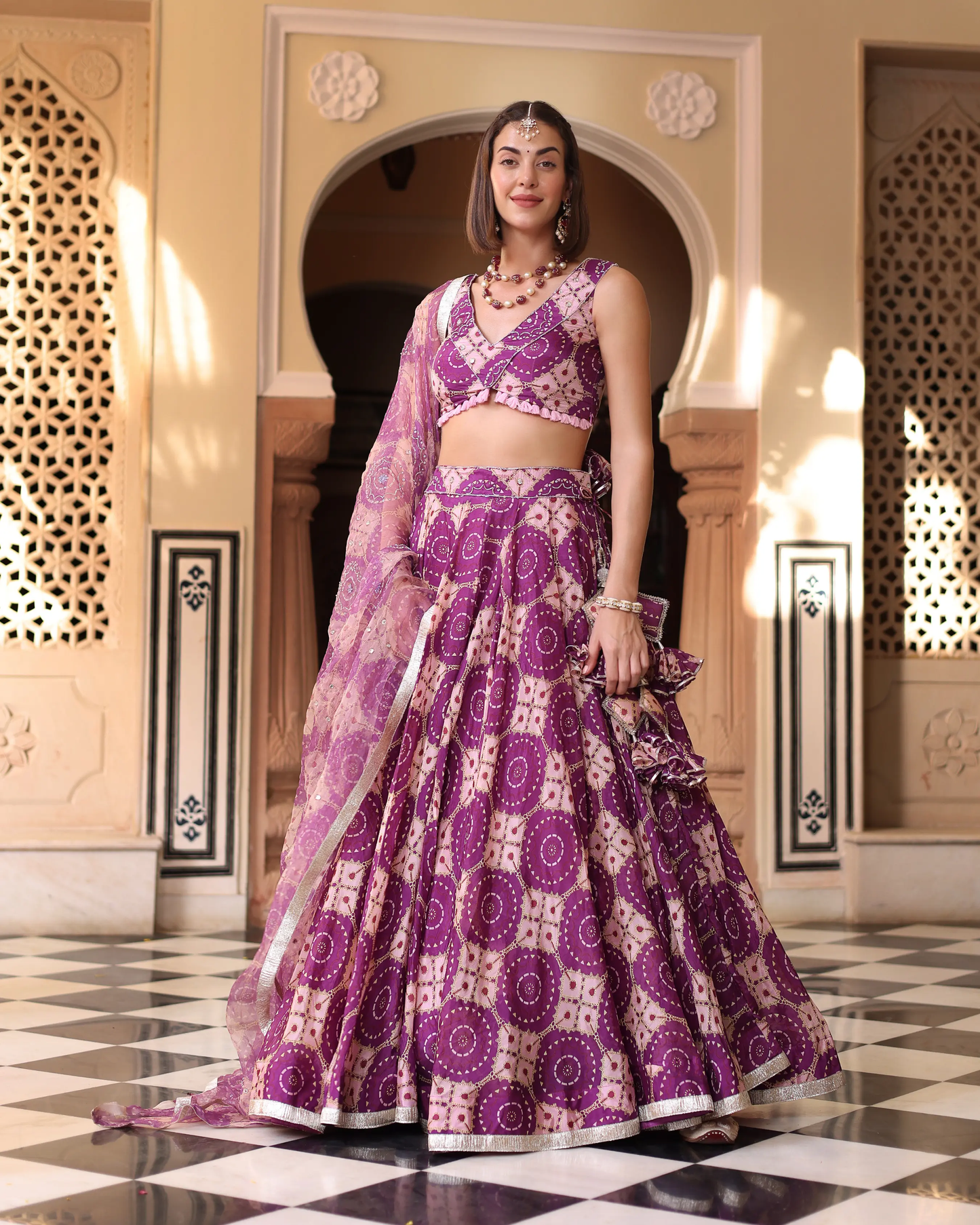 Lavender Printed Satin Lehenga Set My Store