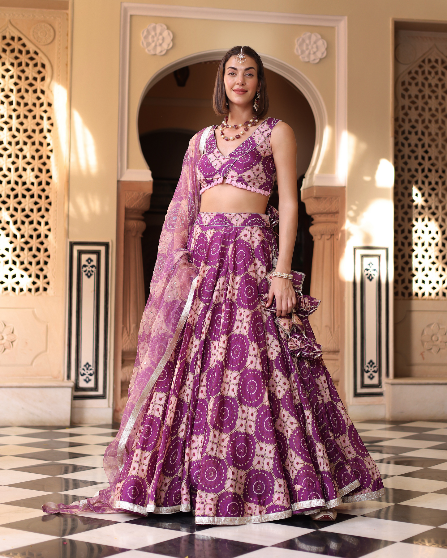 Lavender Printed Satin Lehenga Set Quick Cart