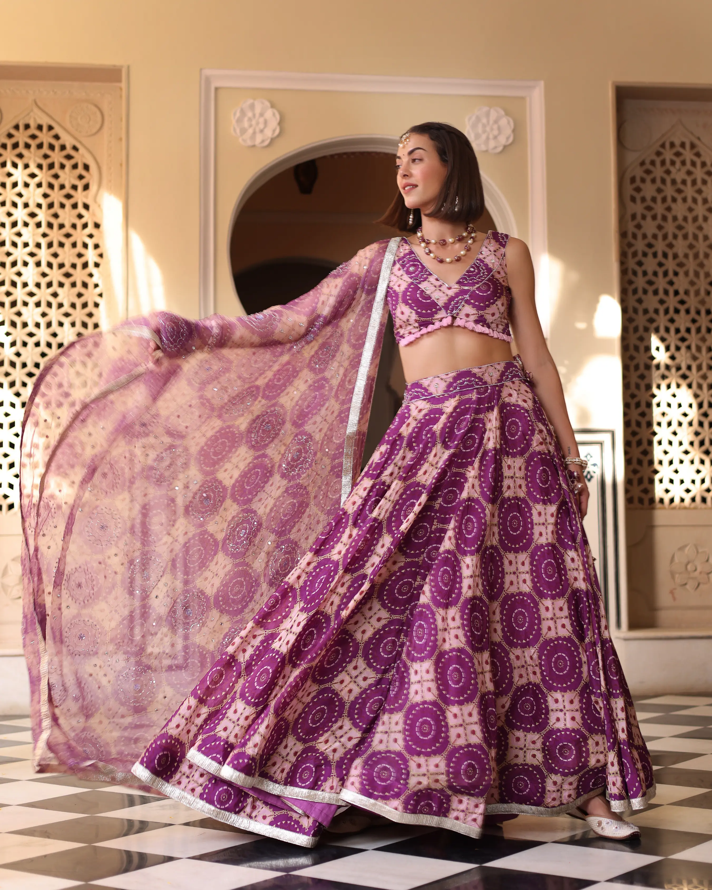 Lavender Printed Satin Lehenga Set My Store