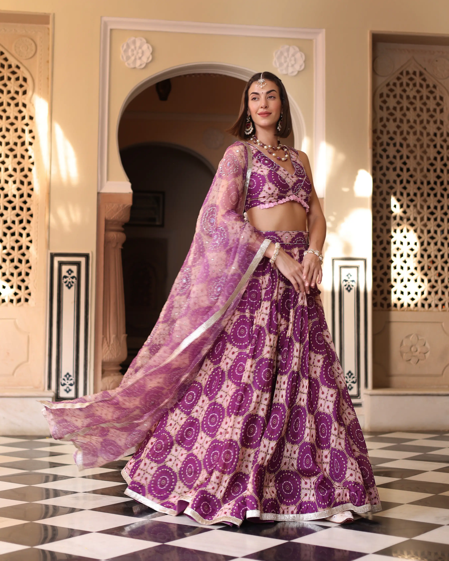 Lavender Printed Satin Lehenga Set My Store