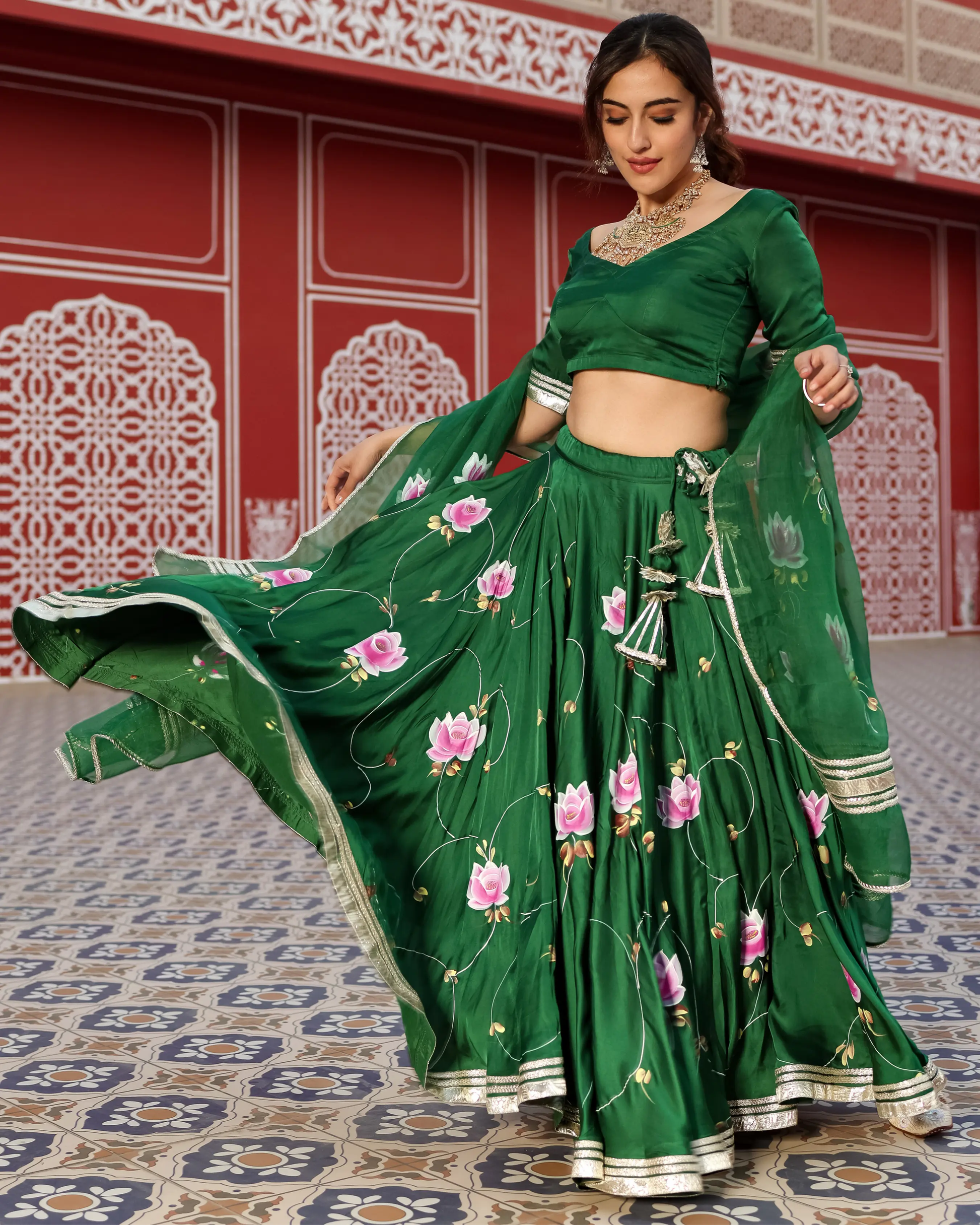 Formal Green Handpainted Lehenga Set My Store