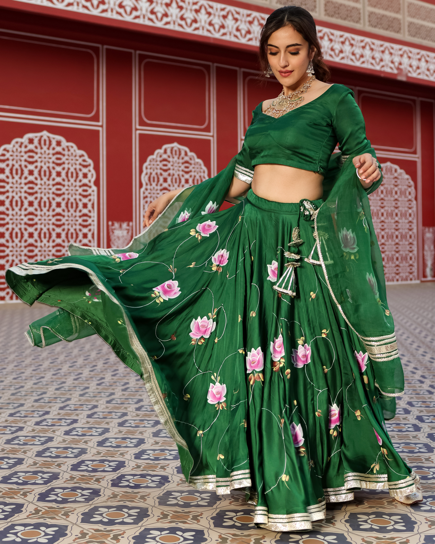 Formal Green Handpainted Lehenga Set Quick Cart