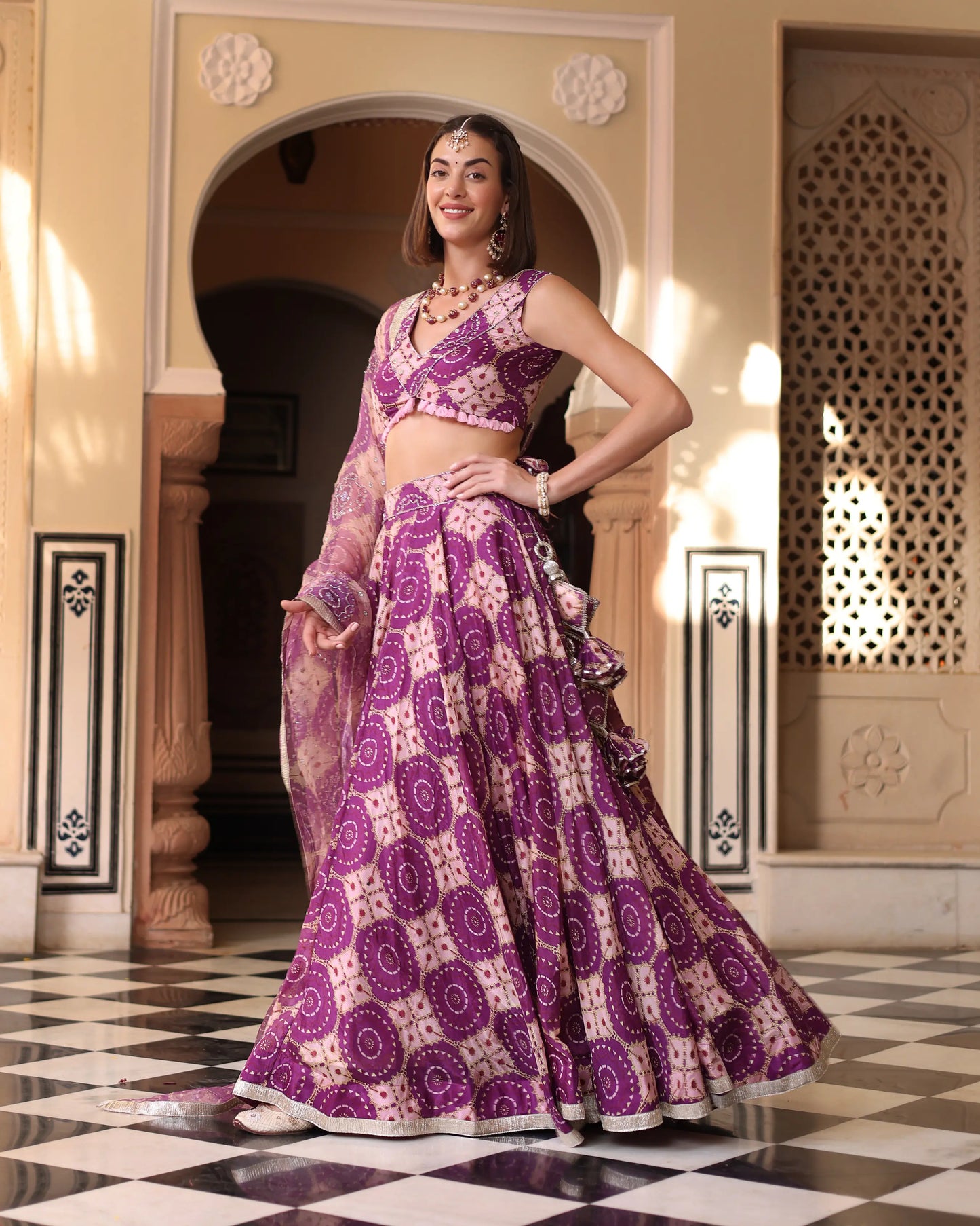 Lavender Printed Satin Lehenga Set My Store