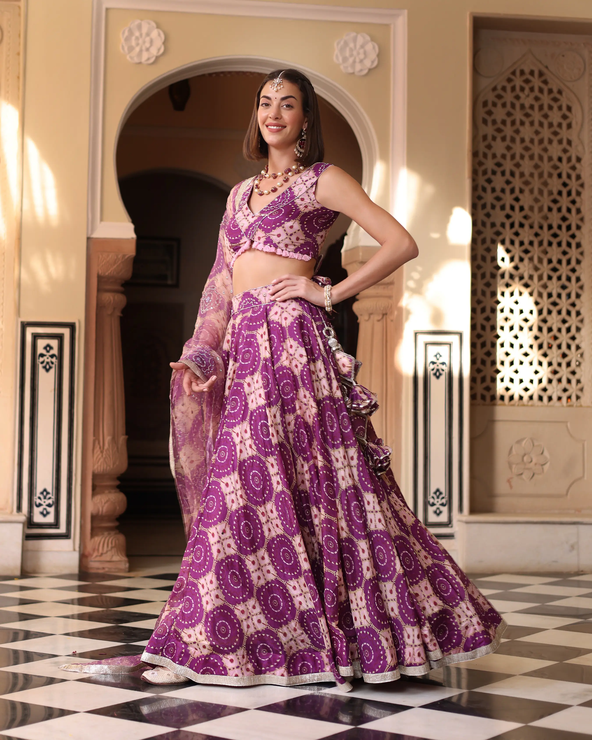 Lavender Printed Satin Lehenga Set My Store