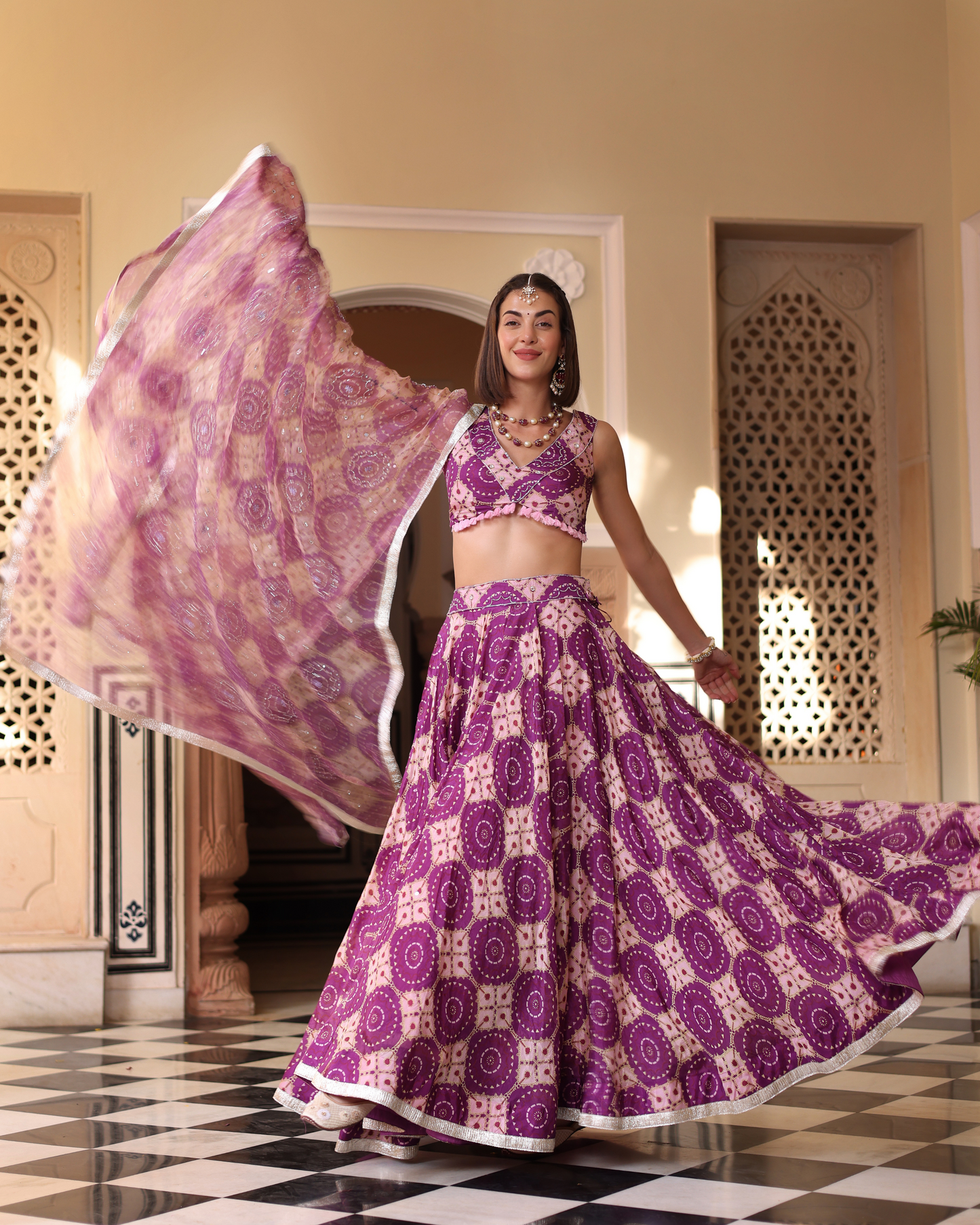 Lavender Printed Satin Lehenga Set Quick Cart