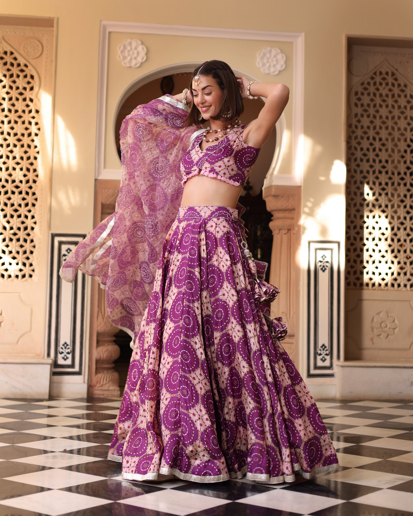 Lavender Printed Satin Lehenga Set Quick Cart