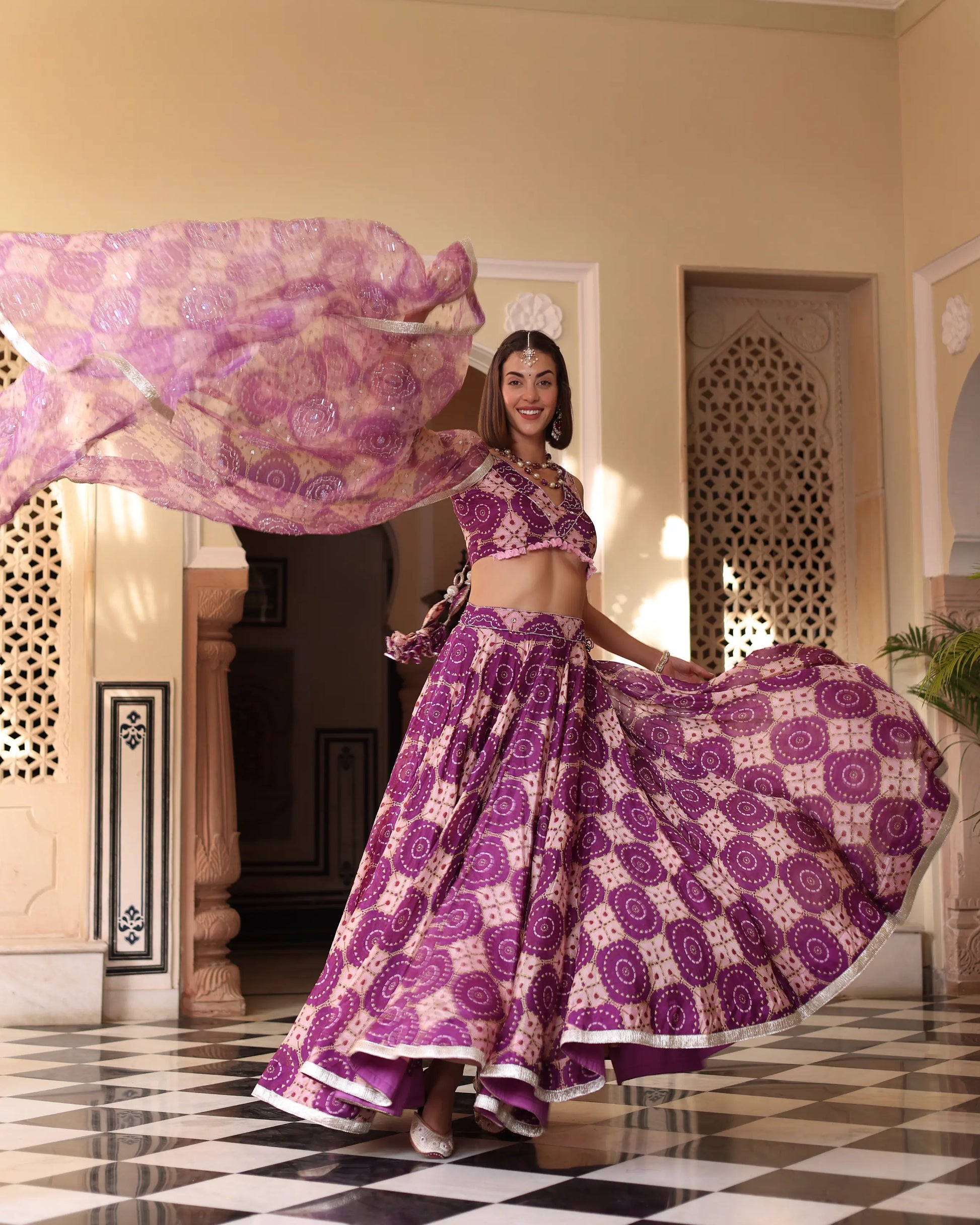 Lavender Printed Satin Lehenga Set My Store