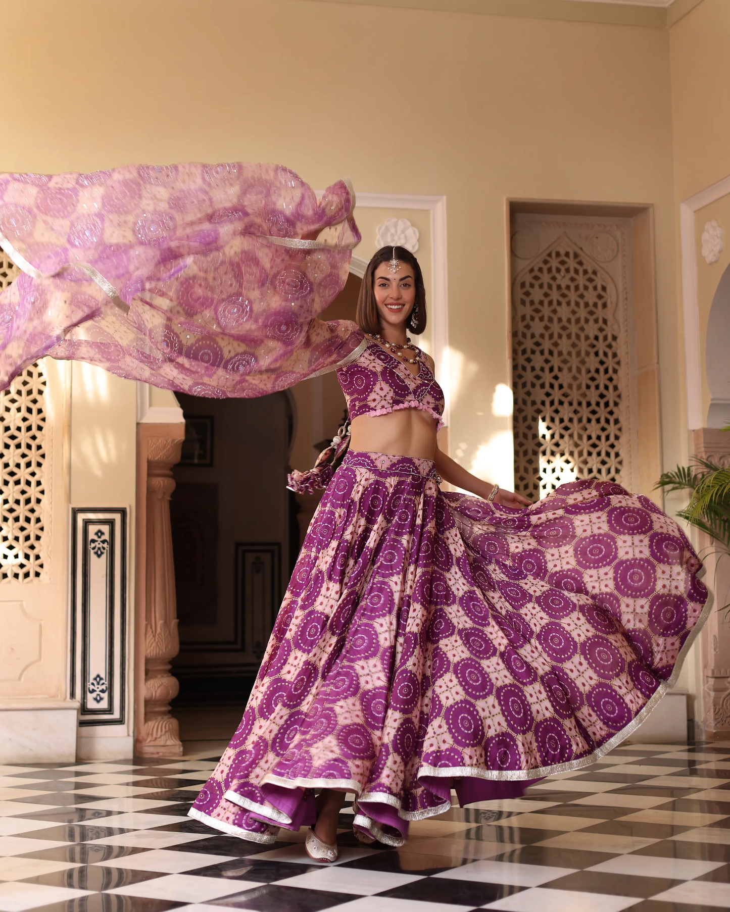 Lavender Printed Satin Lehenga Set My Store